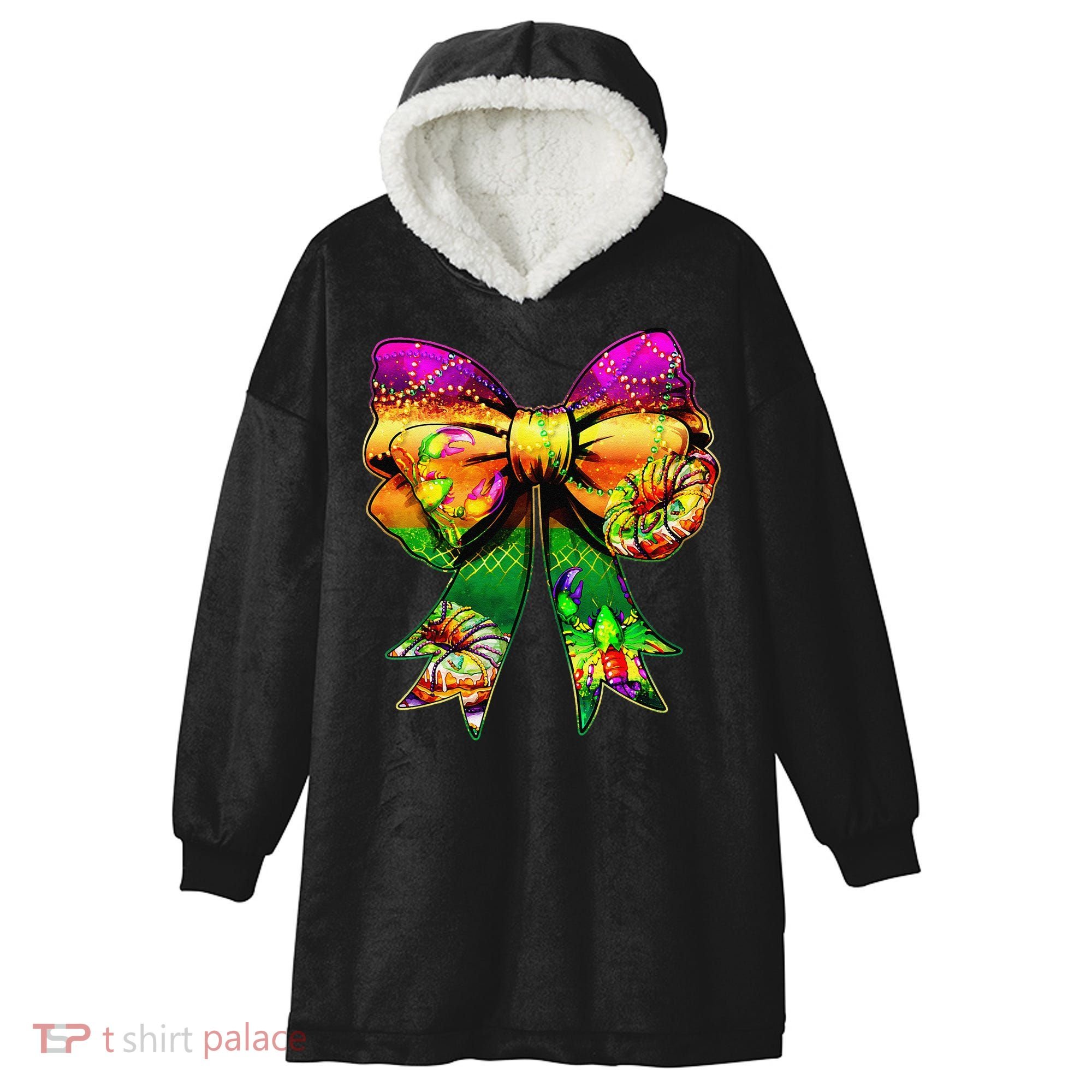 Mardi Gras King Cake Coquette Bow Crawfish Carnival Hooded Wearable Blanket