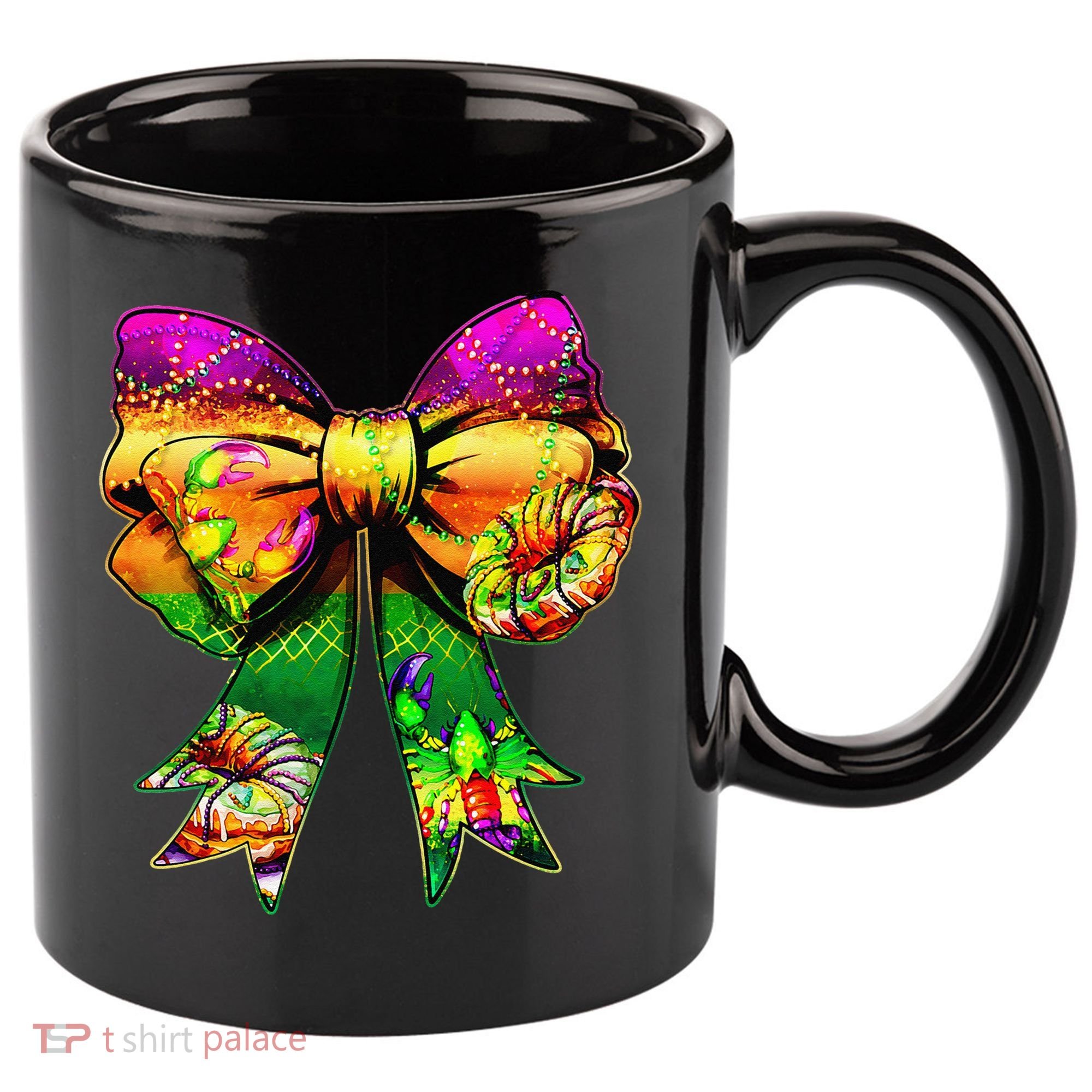 Mardi Gras King Cake Coquette Bow Crawfish Carnival 11oz C Handle Ceramic Mug