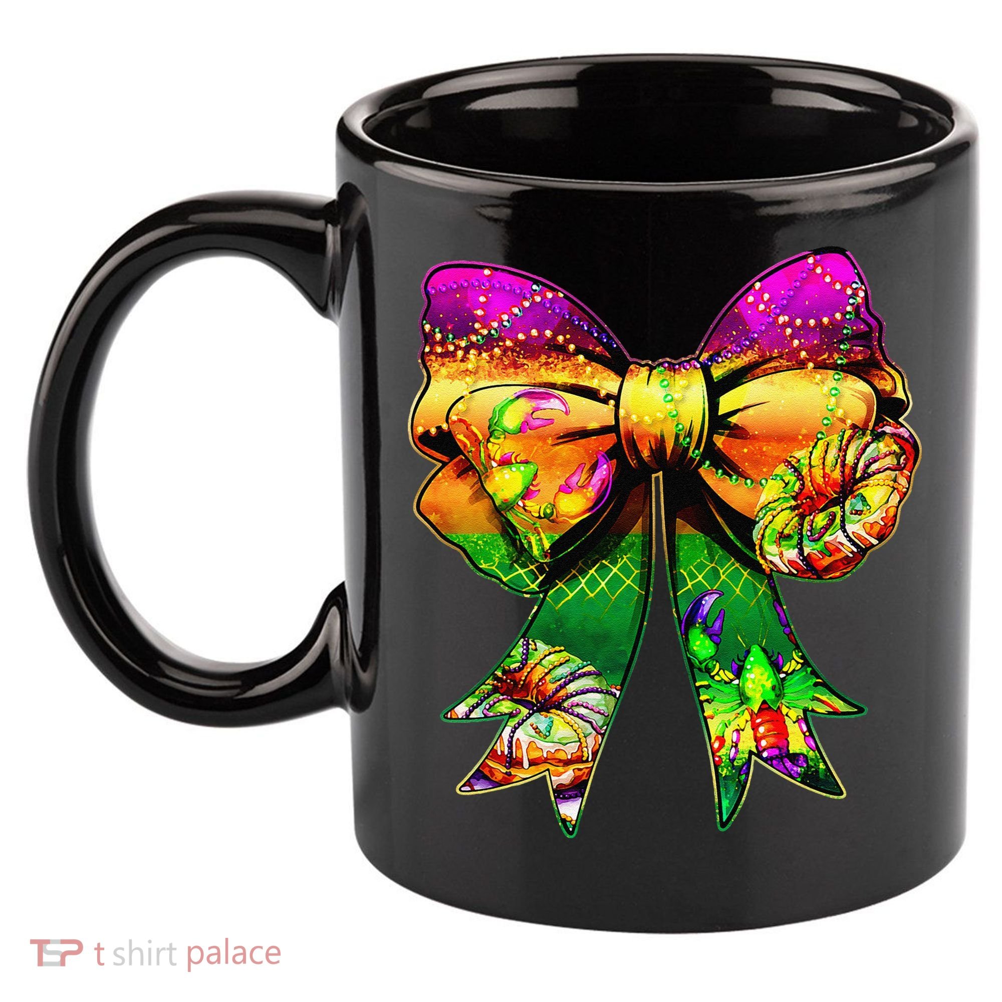 Mardi Gras King Cake Coquette Bow Crawfish Carnival 11oz C Handle Ceramic Mug