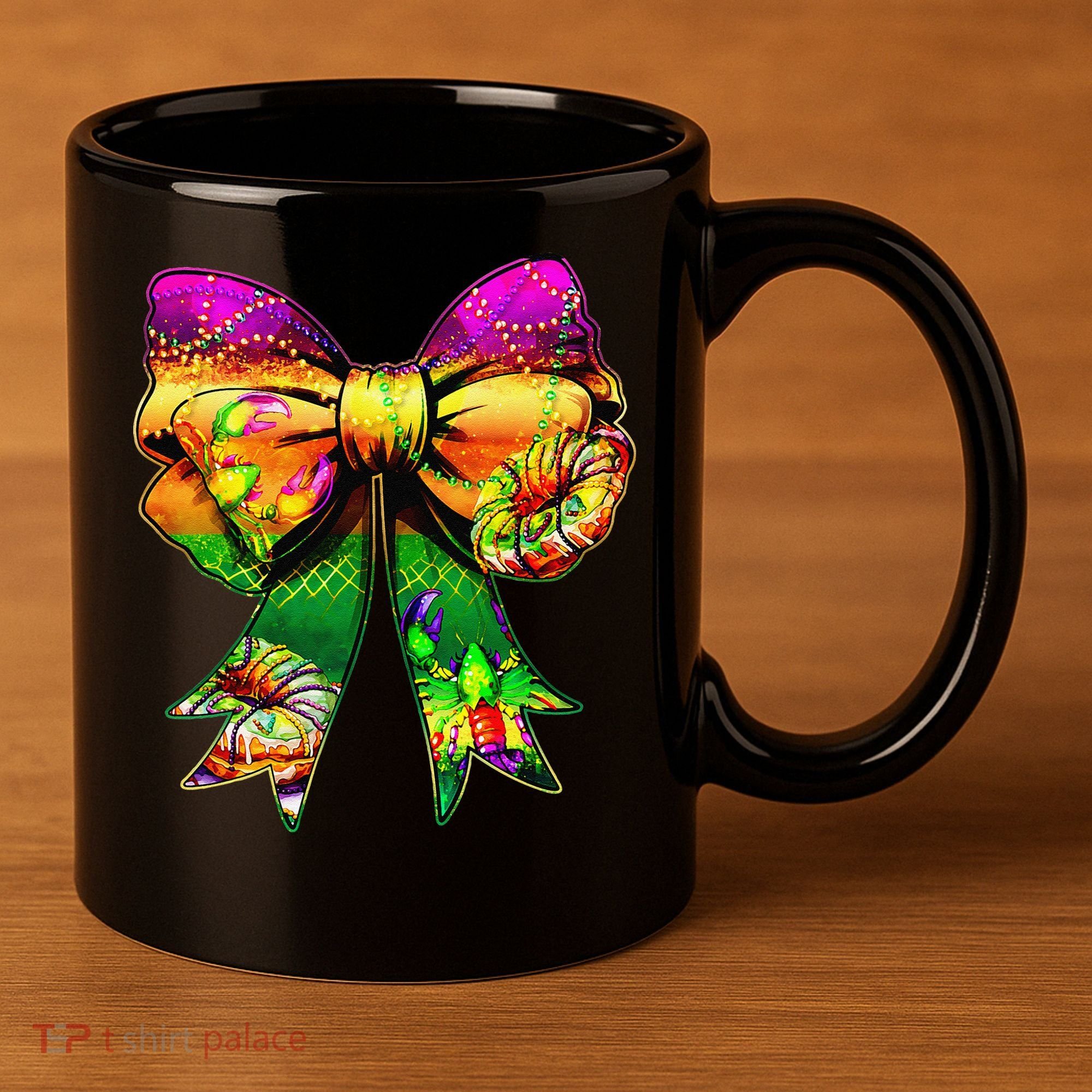 Mardi Gras King Cake Coquette Bow Crawfish Carnival 11oz C Handle Ceramic Mug