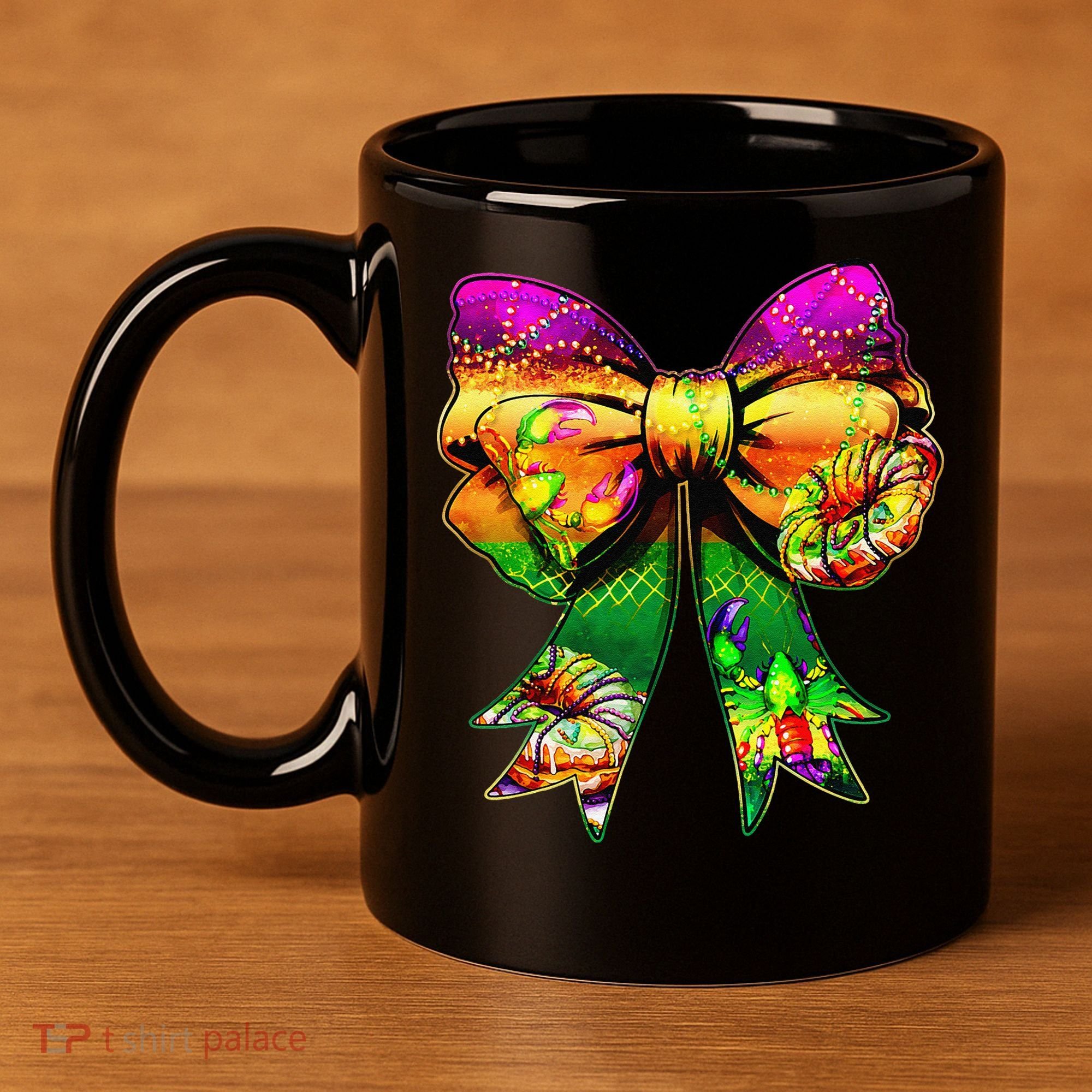 Mardi Gras King Cake Coquette Bow Crawfish Carnival 11oz C Handle Ceramic Mug