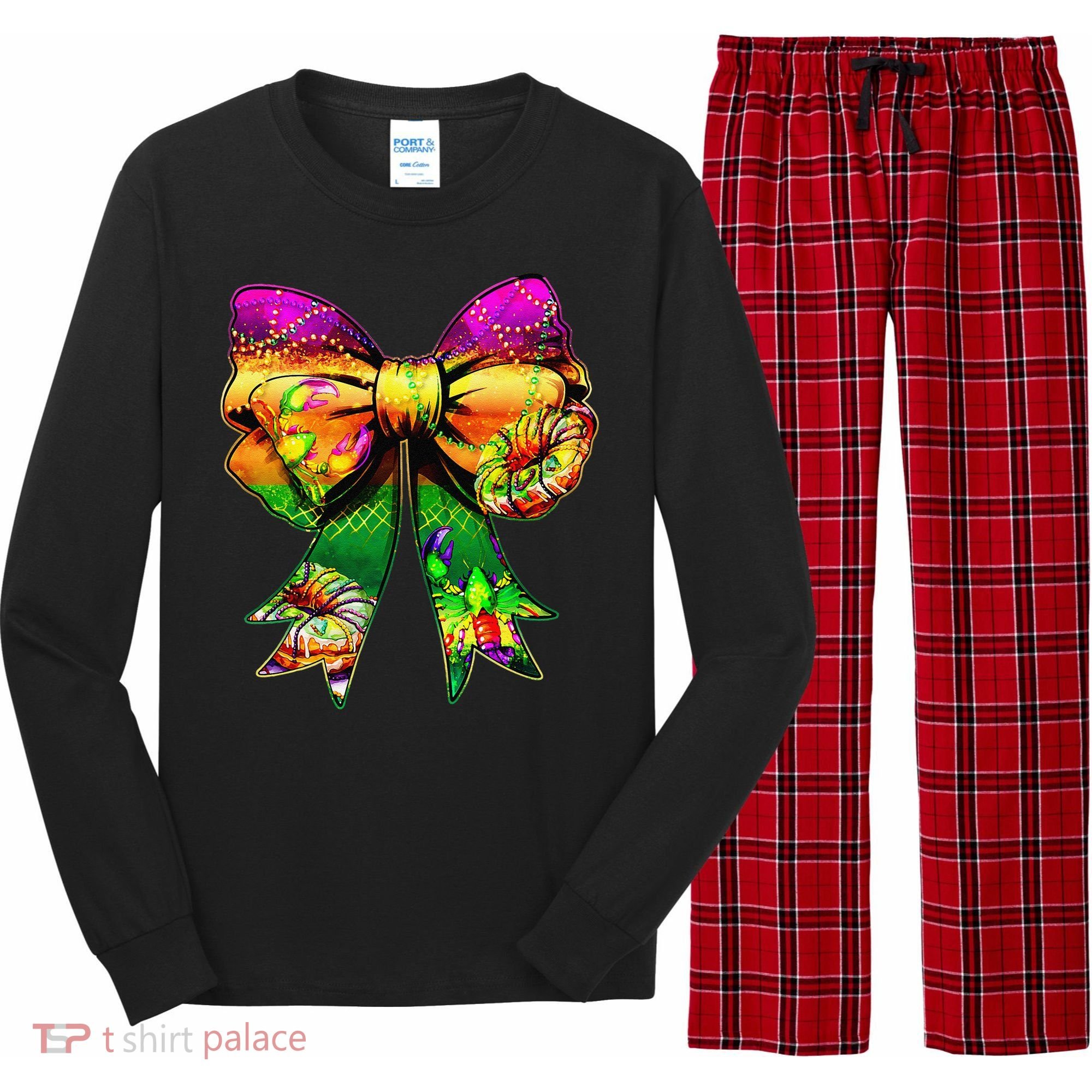 Mardi Gras King Cake Coquette Bow Crawfish Carnival Long Sleeve Pajama Set