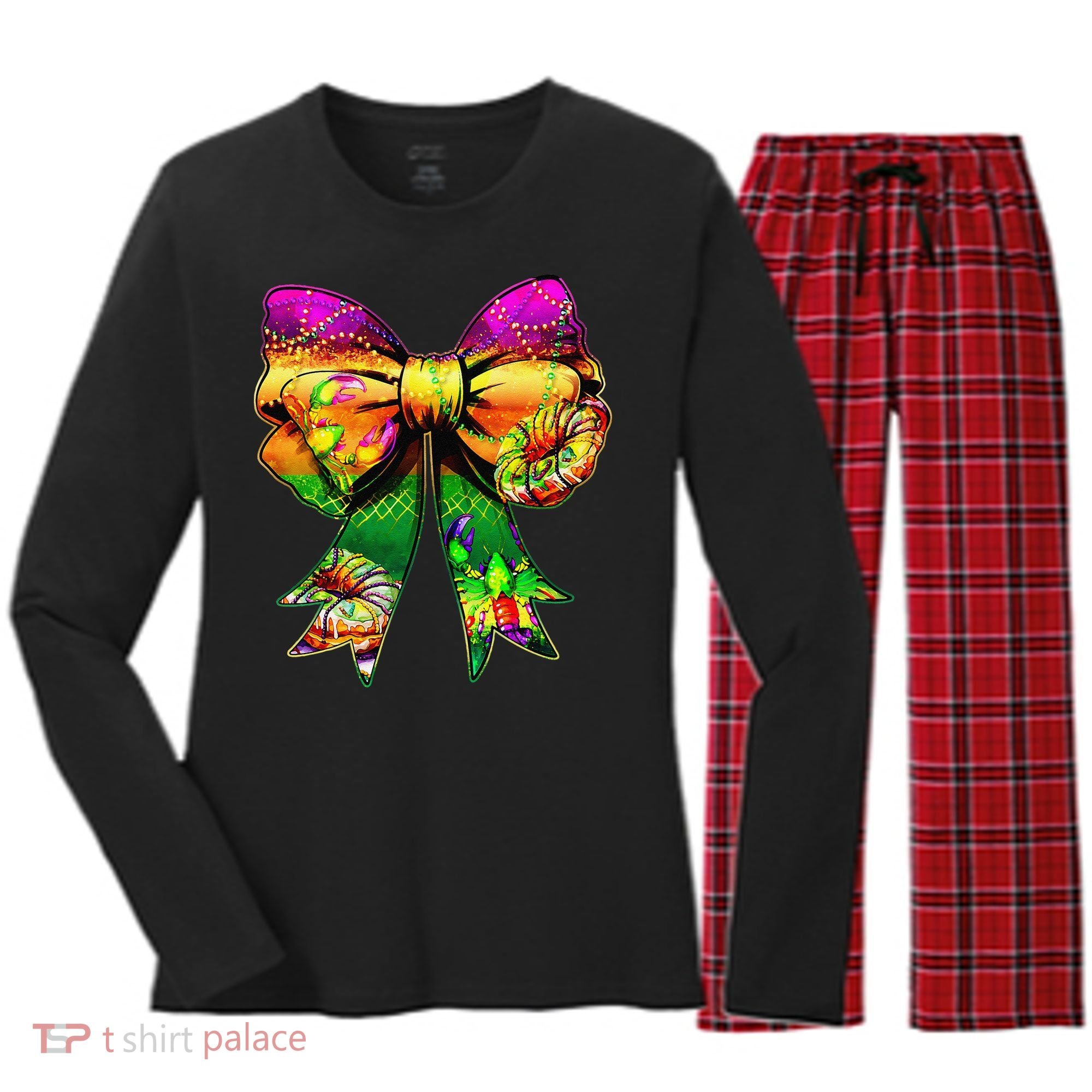 Mardi Gras King Cake Coquette Bow Crawfish Carnival Women's Long Sleeve Flannel Pajama Set 
