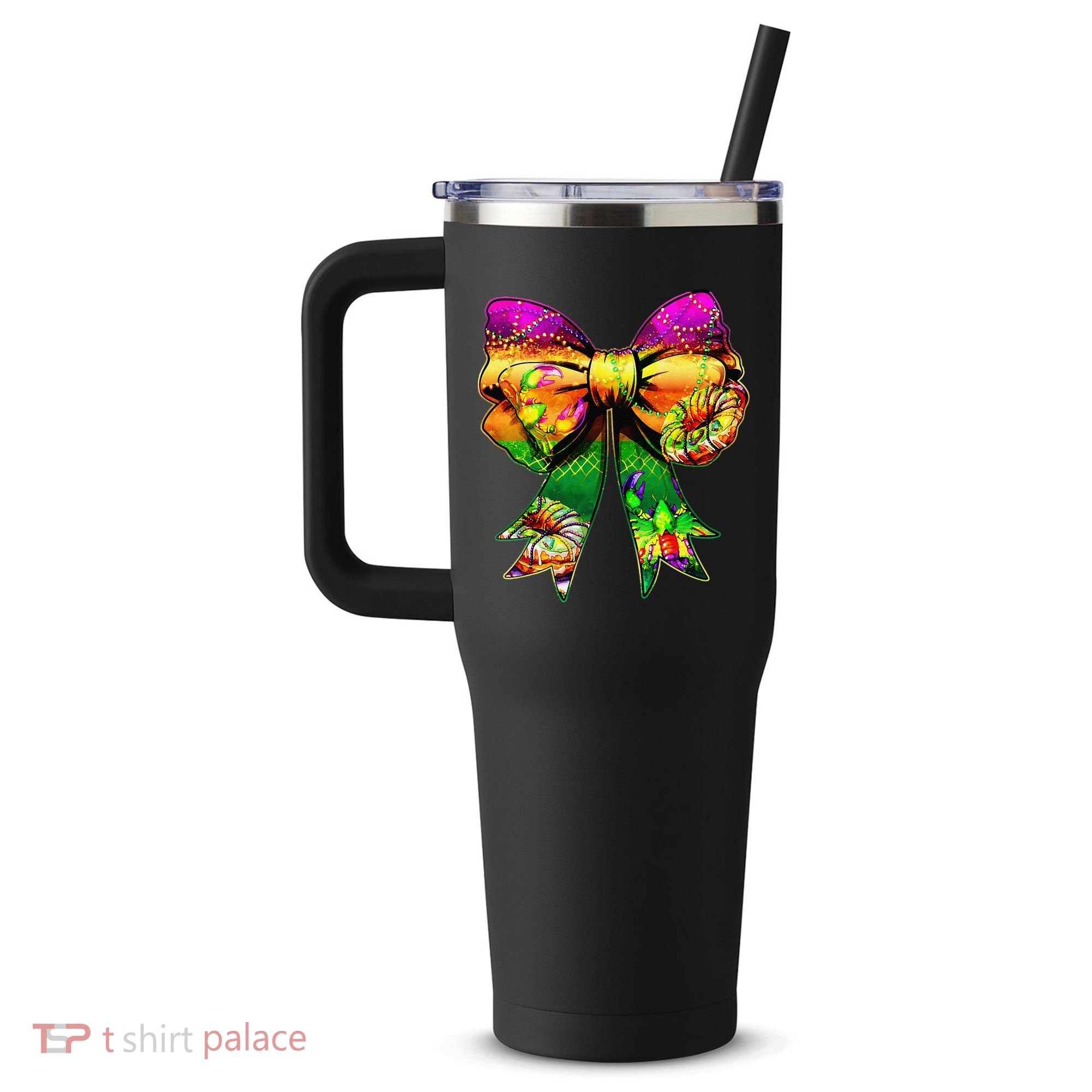 Mardi Gras King Cake Coquette Bow Crawfish Carnival 40oz Vacuum Insulated Stainless Steel Travel Tumbler
