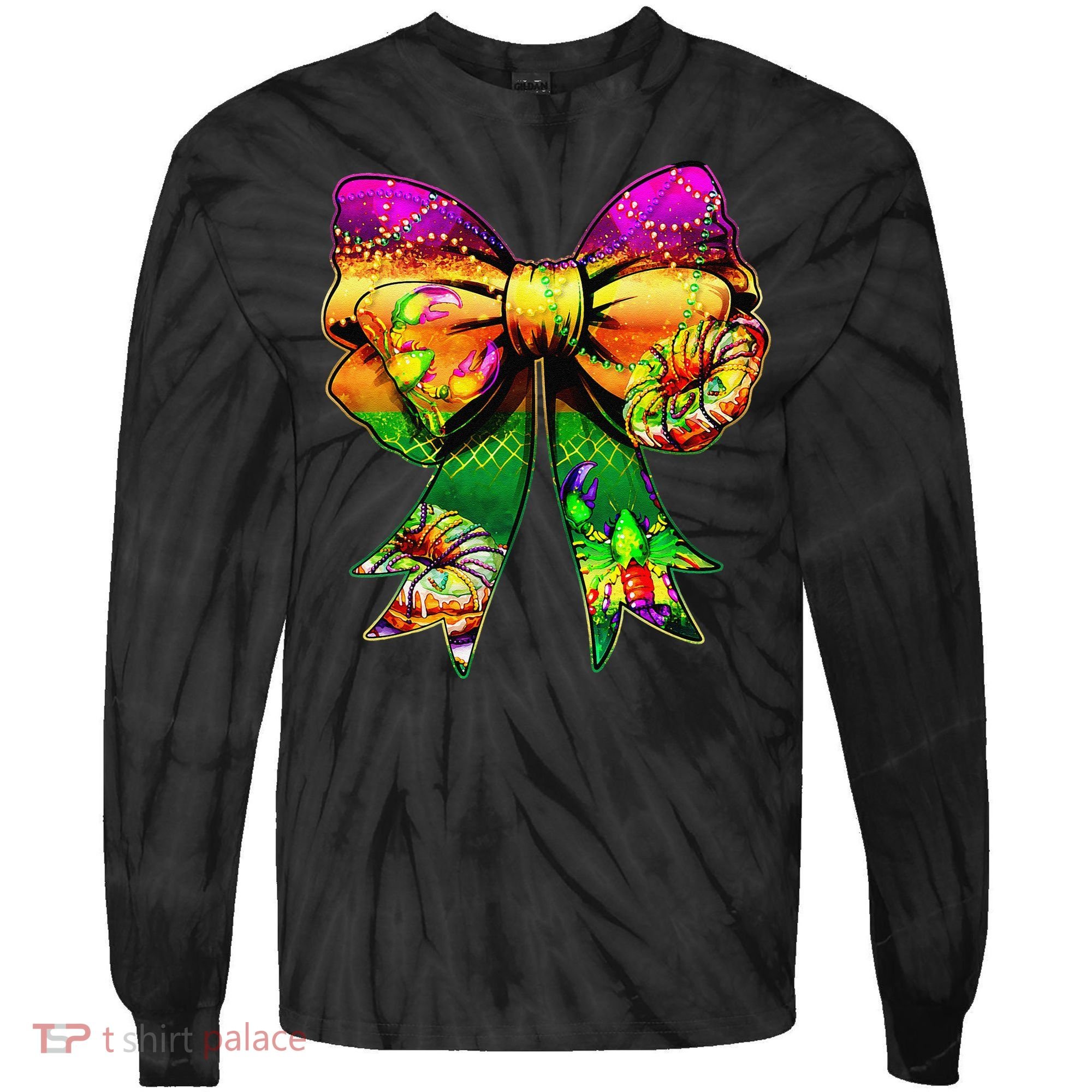 Mardi Gras King Cake Coquette Bow Crawfish Carnival Tie-Dye Long Sleeve Shirt