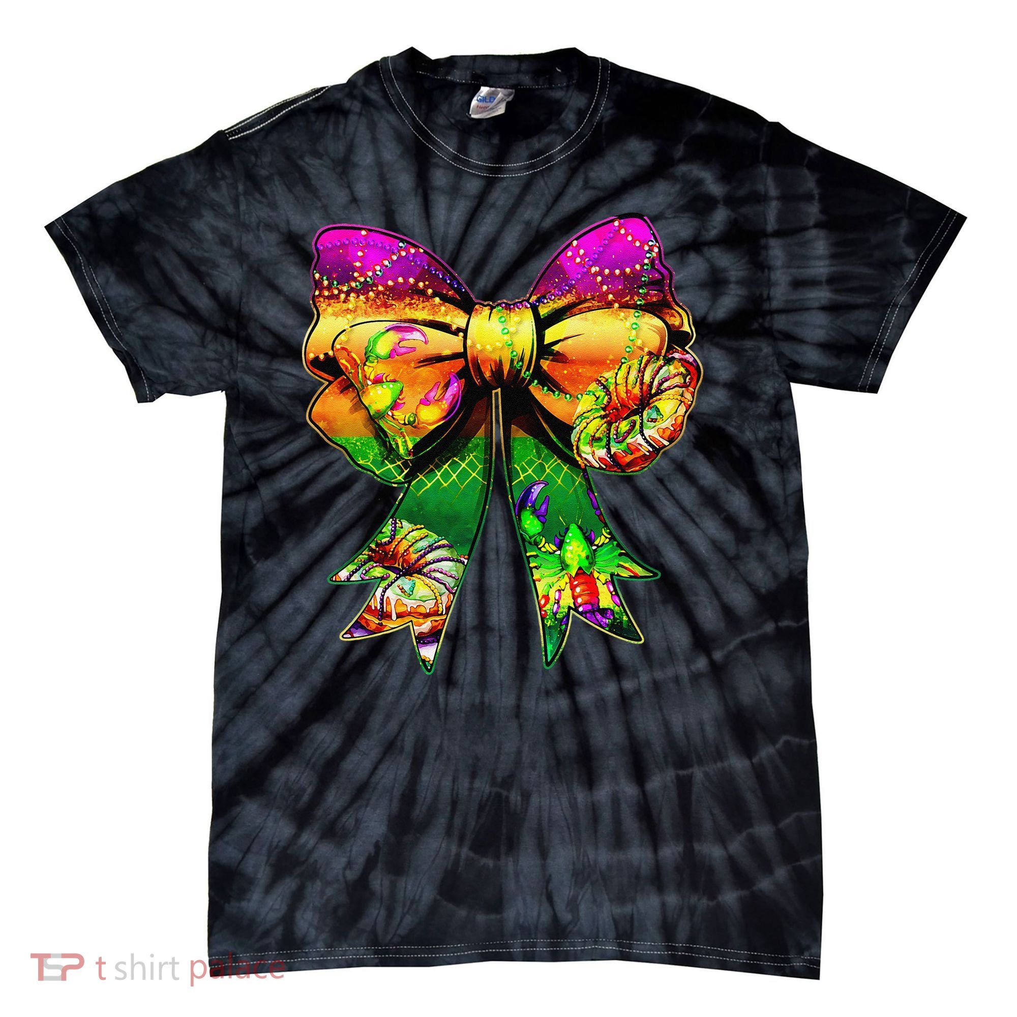 Mardi Gras King Cake Coquette Bow Crawfish Carnival Tie-Dye T-Shirt