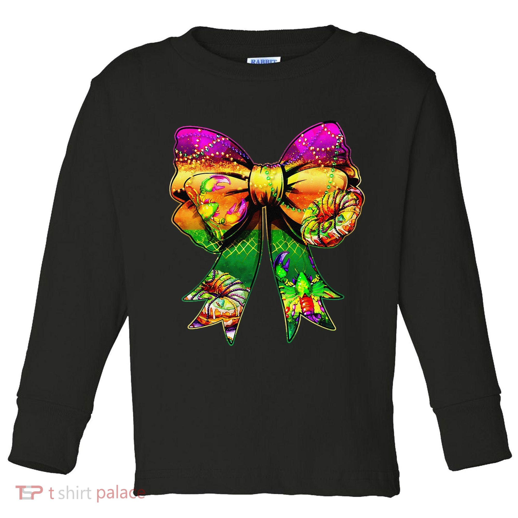 Mardi Gras King Cake Coquette Bow Crawfish Carnival Toddler Long Sleeve Shirt