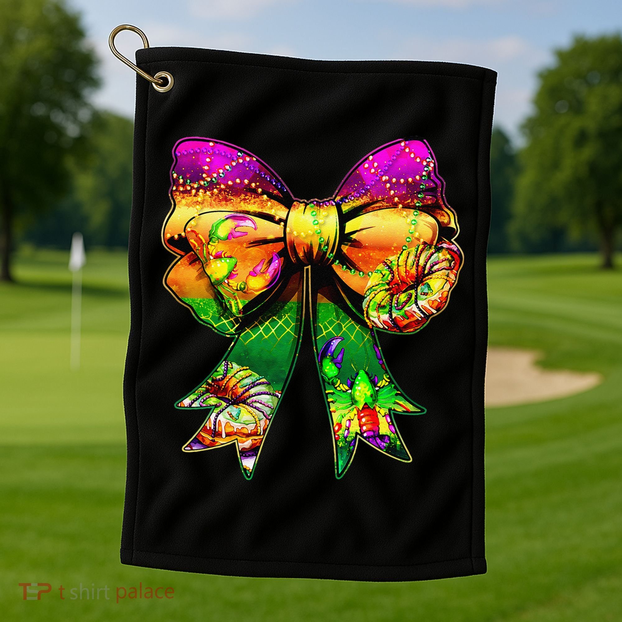 Mardi Gras King Cake Coquette Bow Crawfish Carnival Golf Towel