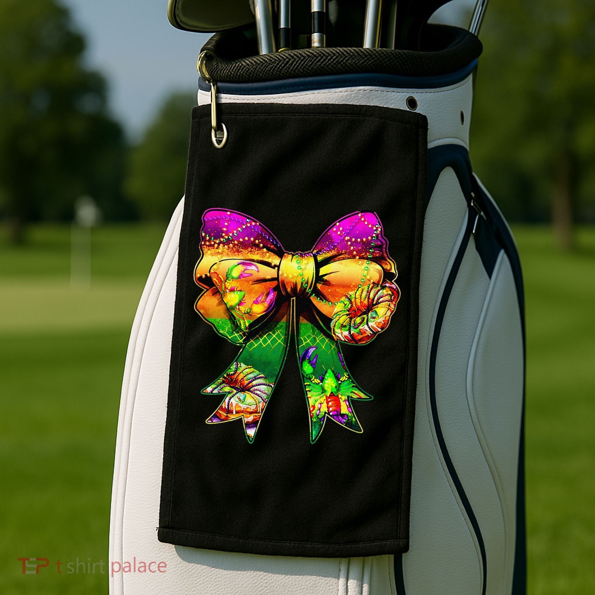 Mardi Gras King Cake Coquette Bow Crawfish Carnival Golf Towel
