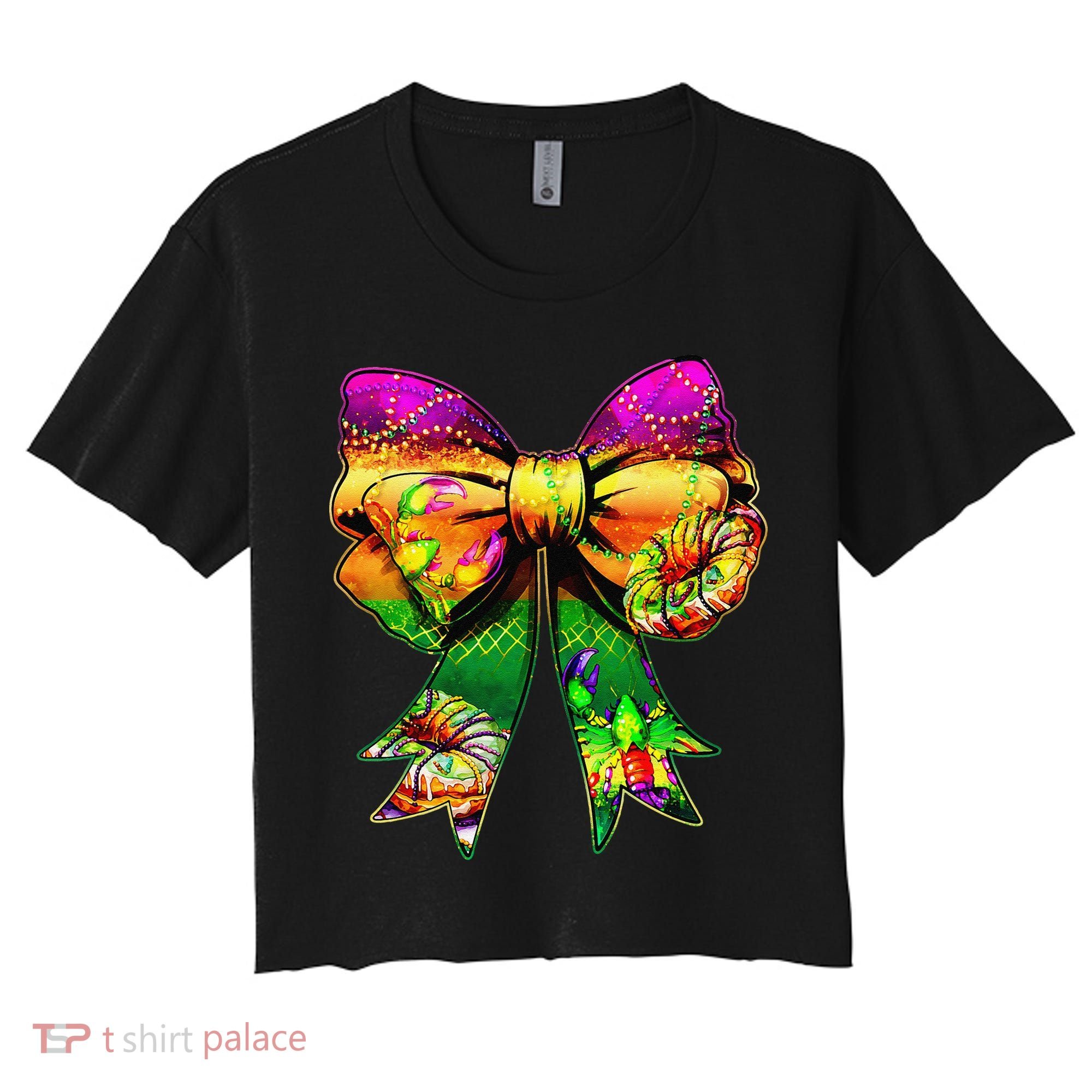 Mardi Gras King Cake Coquette Bow Crawfish Carnival Women's Crop Top Tee