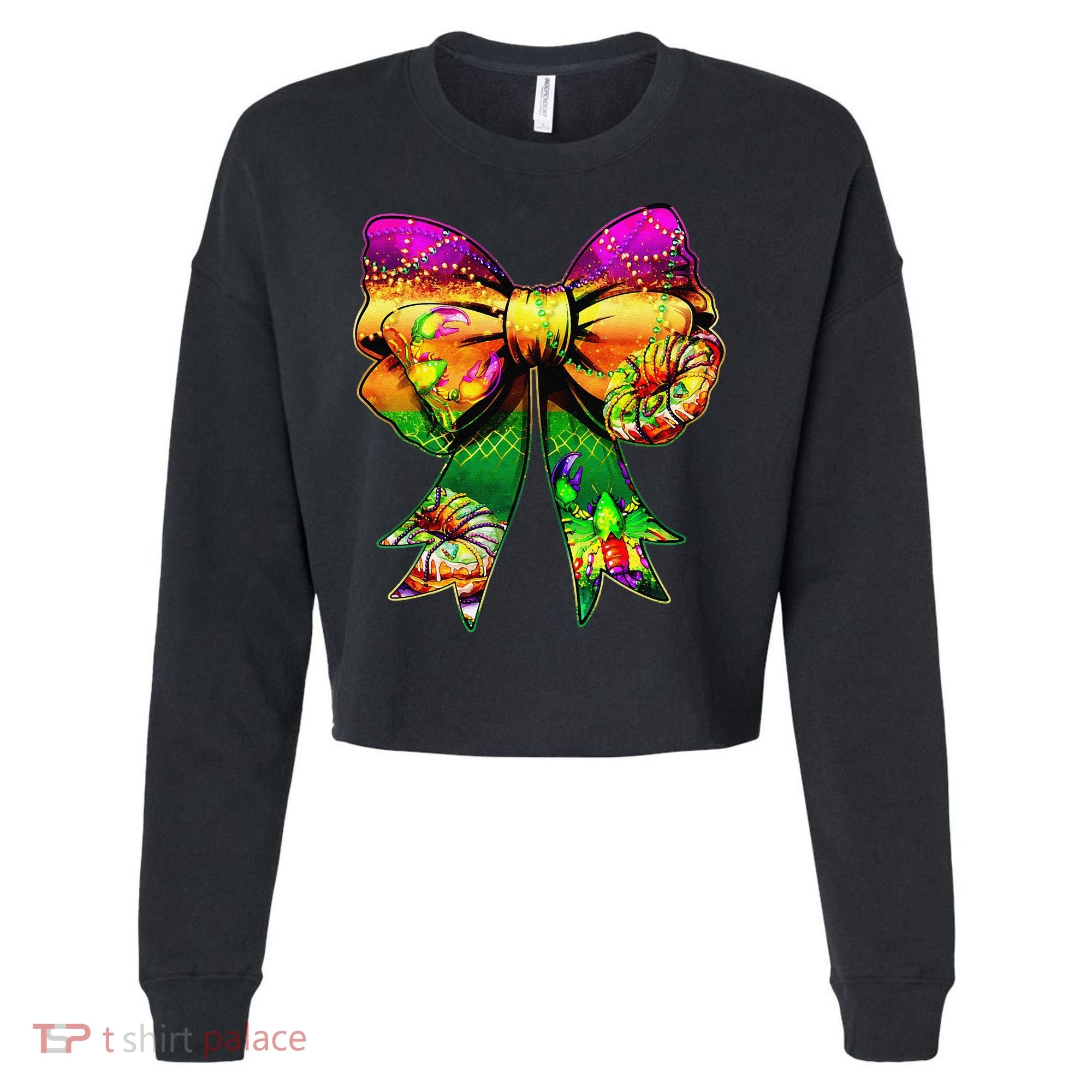Mardi Gras King Cake Coquette Bow Crawfish Carnival Cropped Pullover Crew