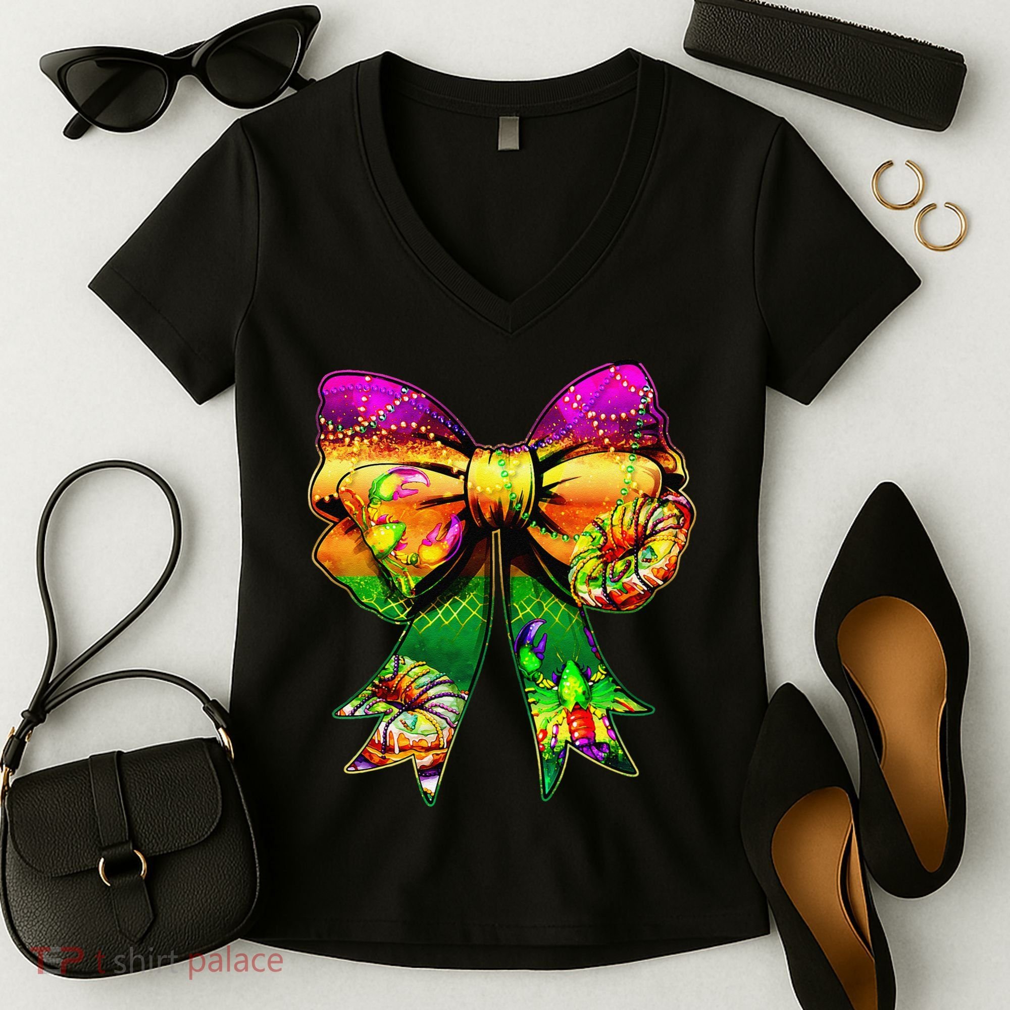 Mardi Gras King Cake Coquette Bow Crawfish Carnival Women's V-Neck T-Shirt