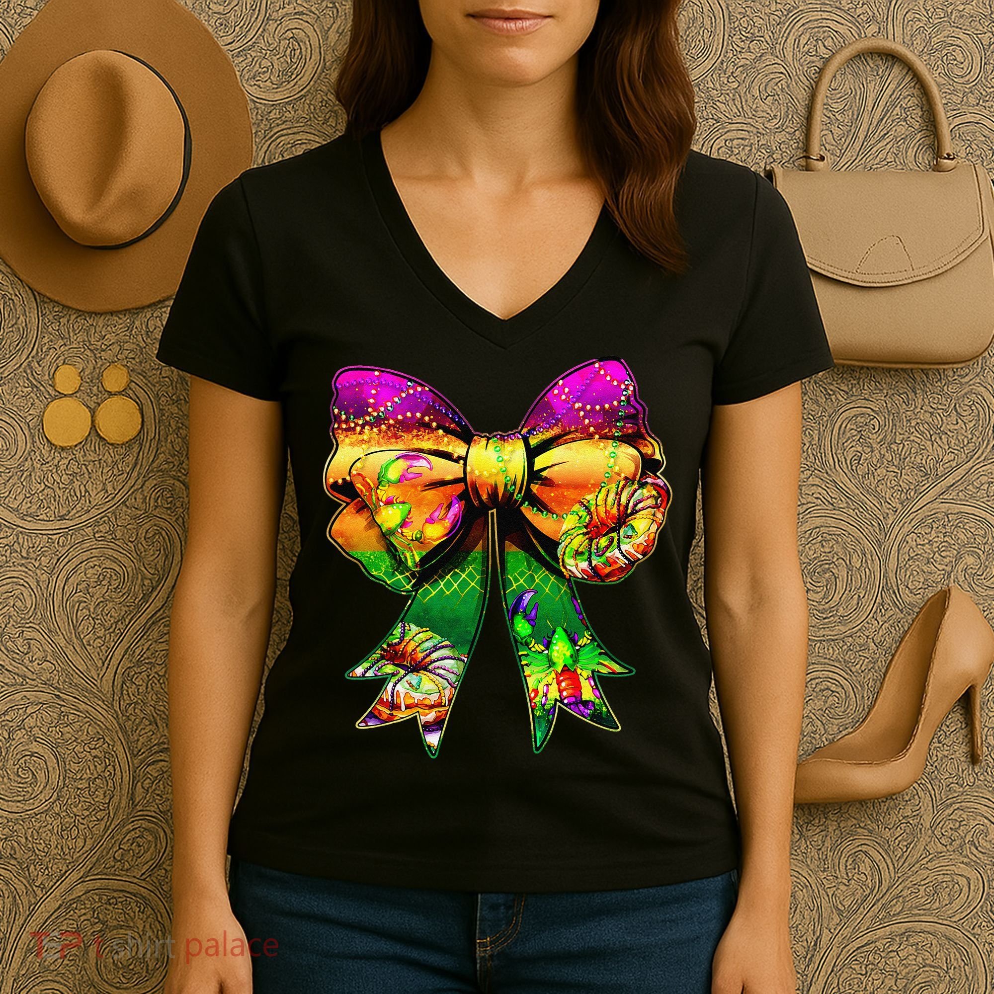 Mardi Gras King Cake Coquette Bow Crawfish Carnival Women's V-Neck T-Shirt