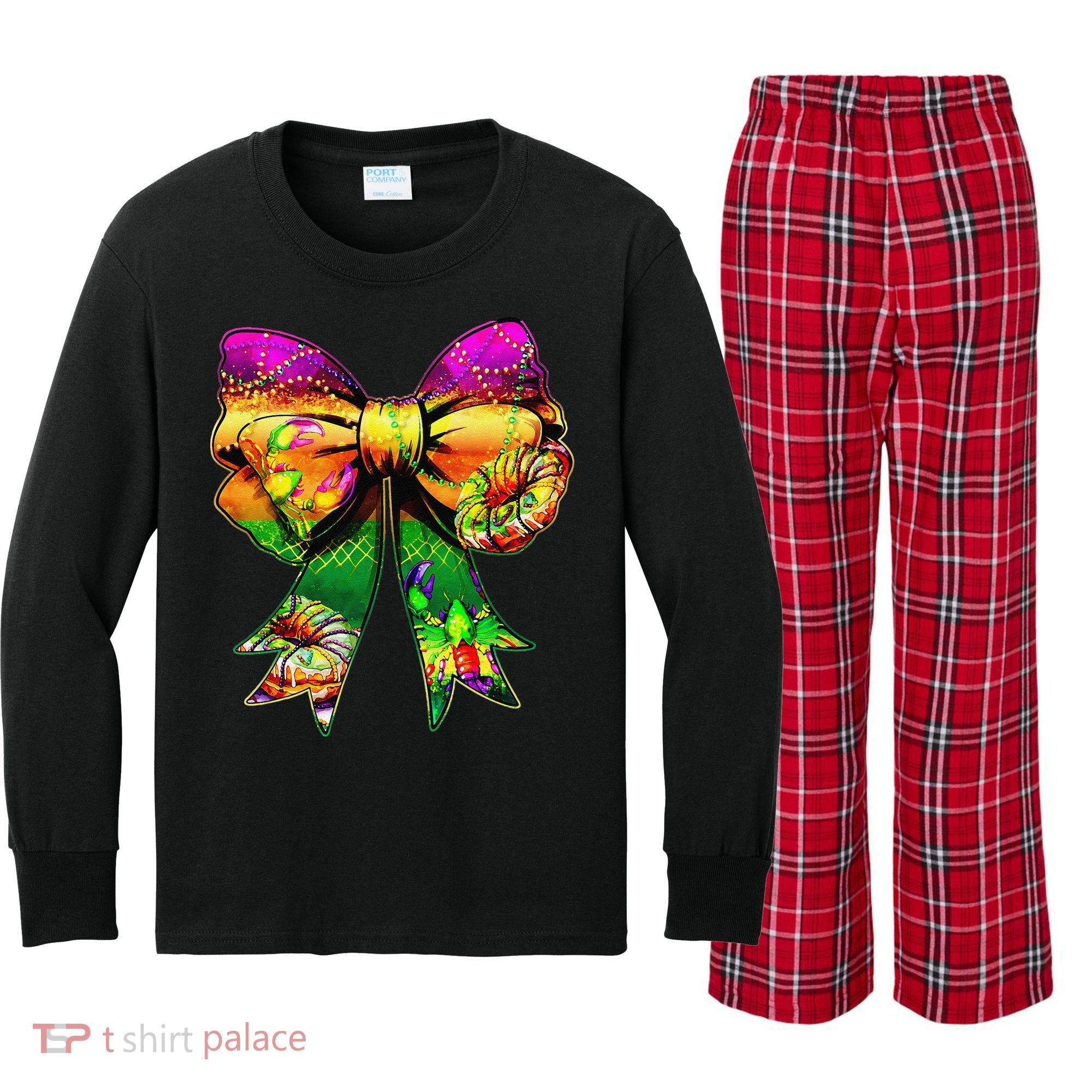 Mardi Gras King Cake Coquette Bow Crawfish Carnival Kids Long Sleeve Plaid Pajama Set