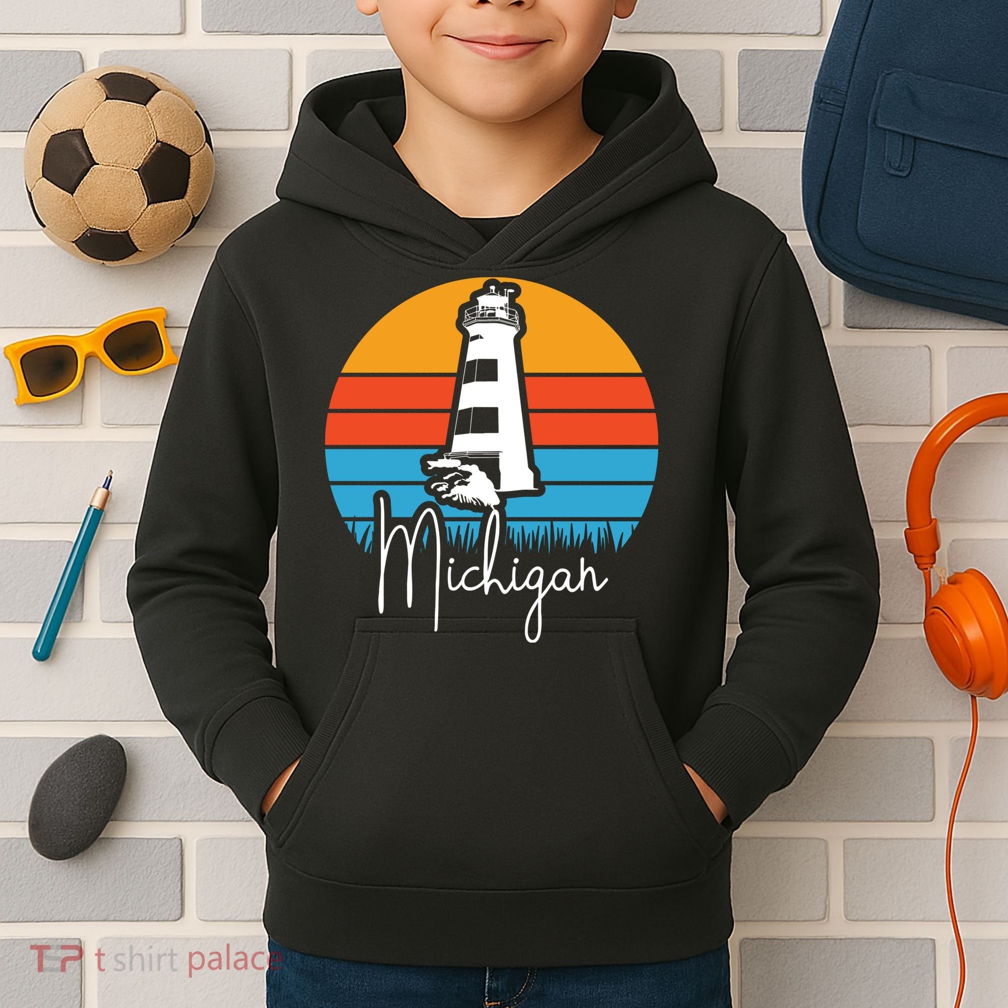 Michigan Great Lakes Lighthouse Beach Town Kids Hoodie