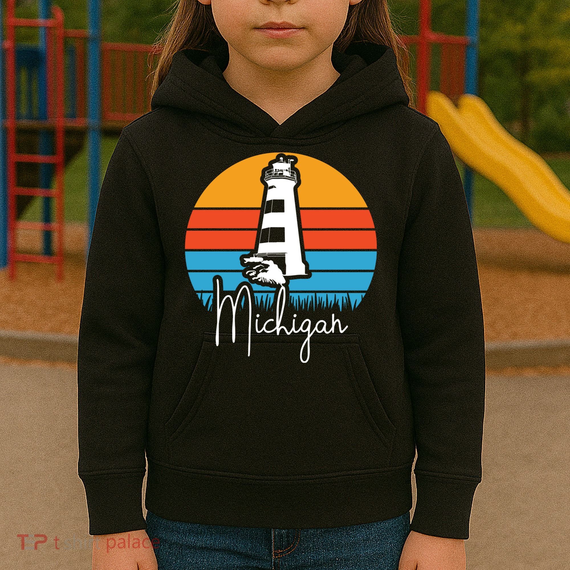 Michigan Great Lakes Lighthouse Beach Town Kids Hoodie