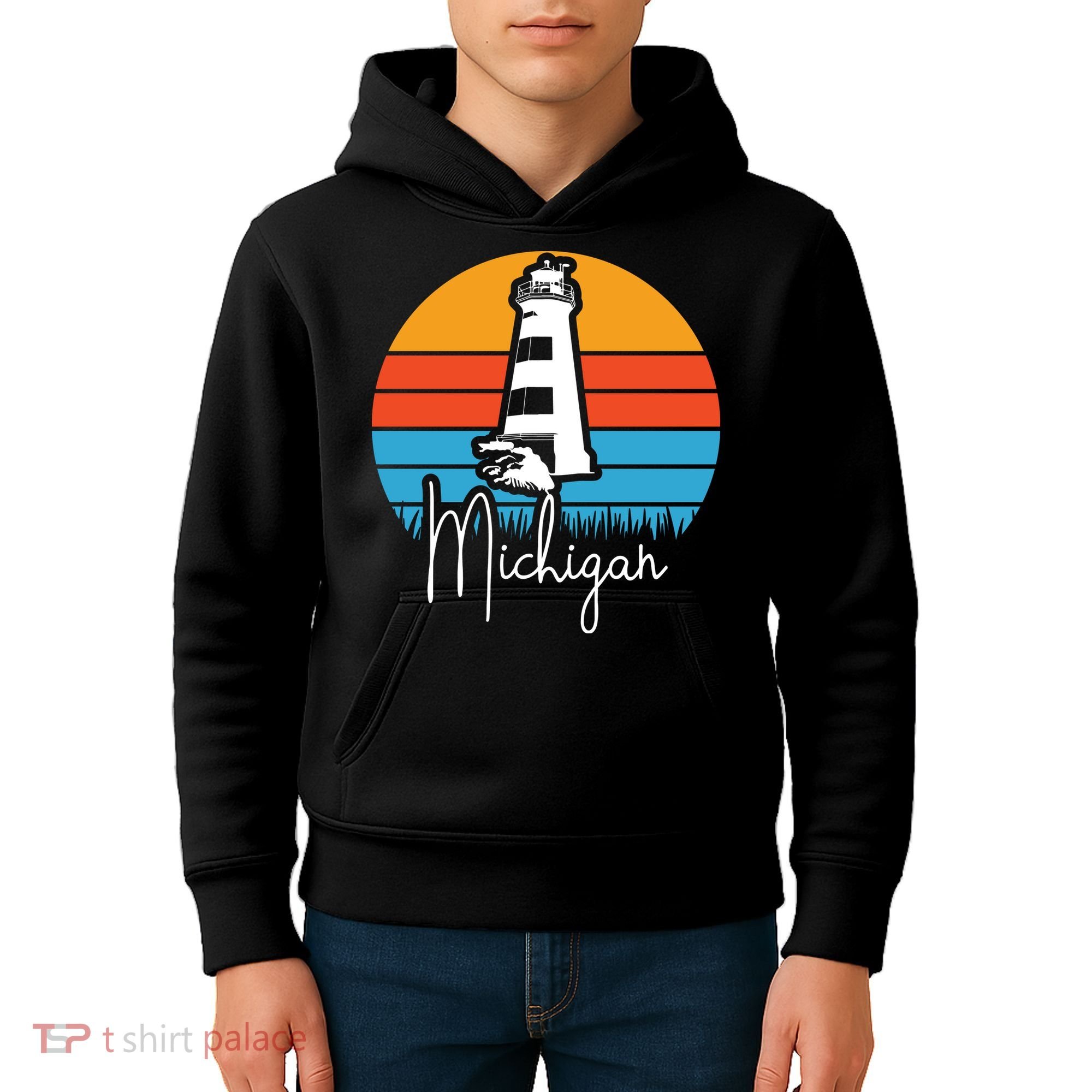 Michigan Great Lakes Lighthouse Beach Town Kids Hoodie