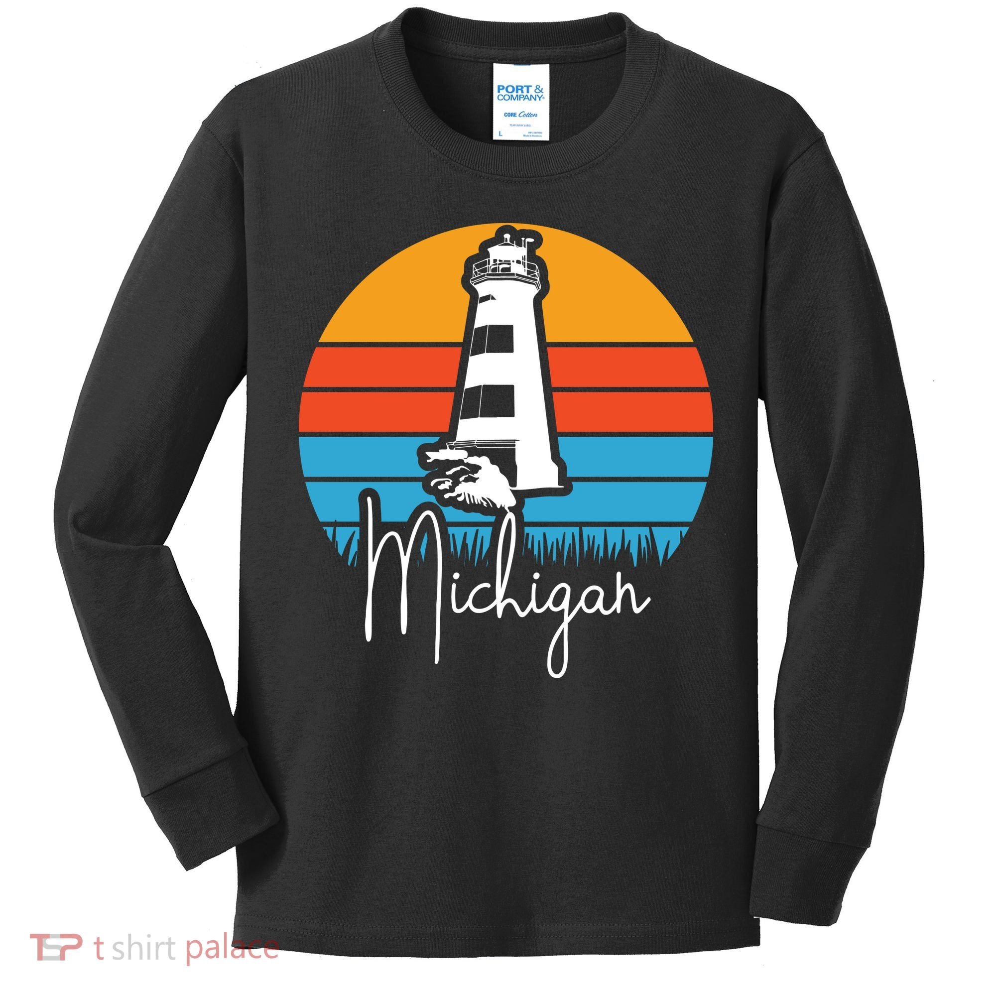 Michigan Great Lakes Lighthouse Beach Town Kids Long Sleeve Shirt