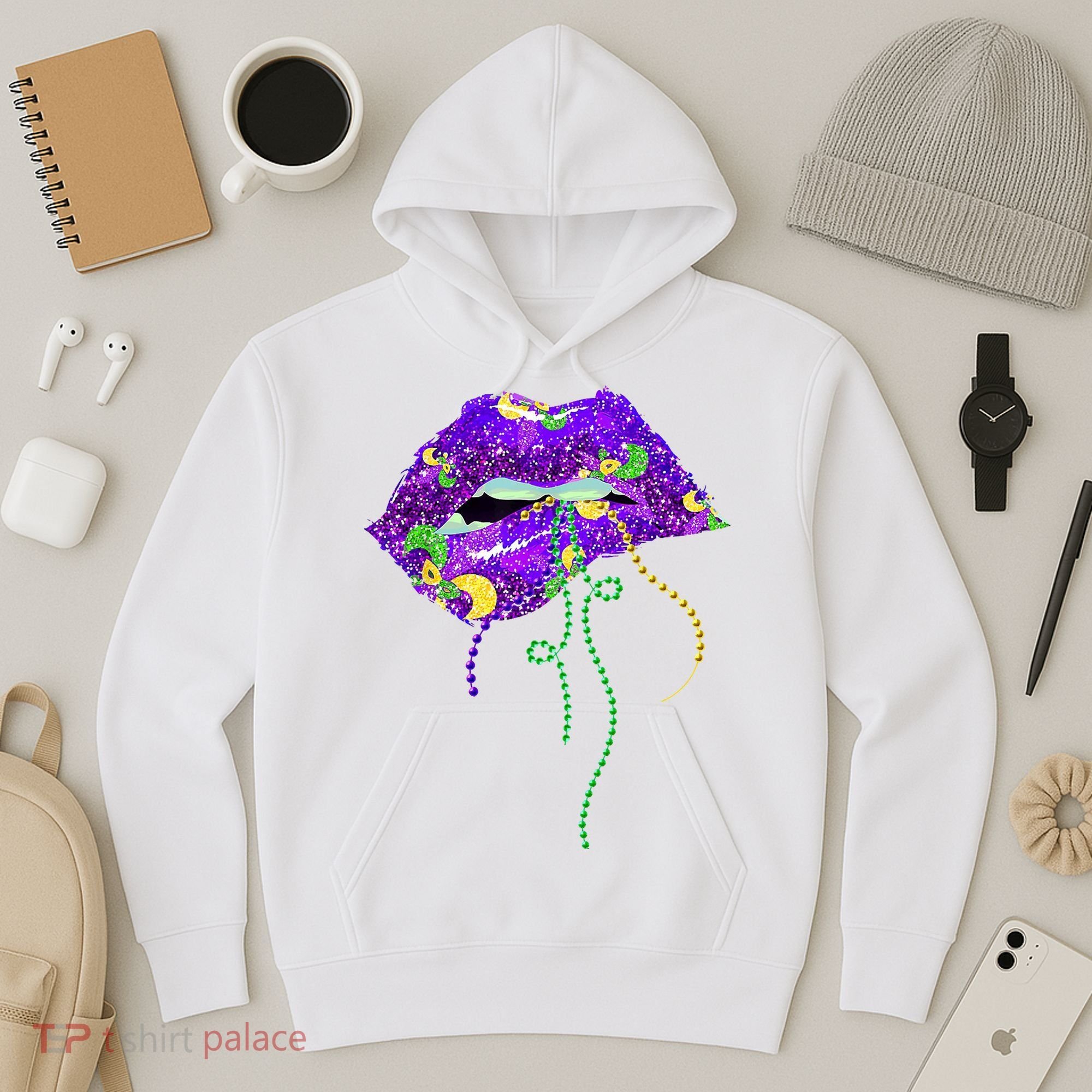 Mardi Gras Lip Beads Festive Hoodie