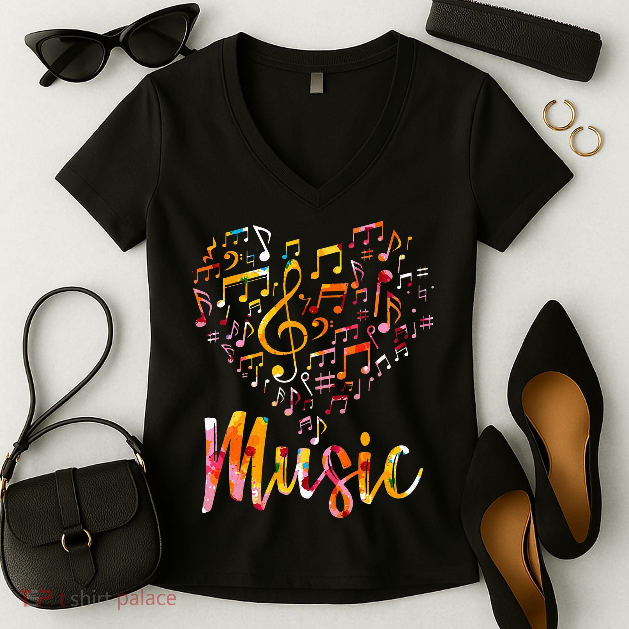 Musician Gift Musical Instrument Music Notes Treble Clef Women's V-Neck T-Shirt