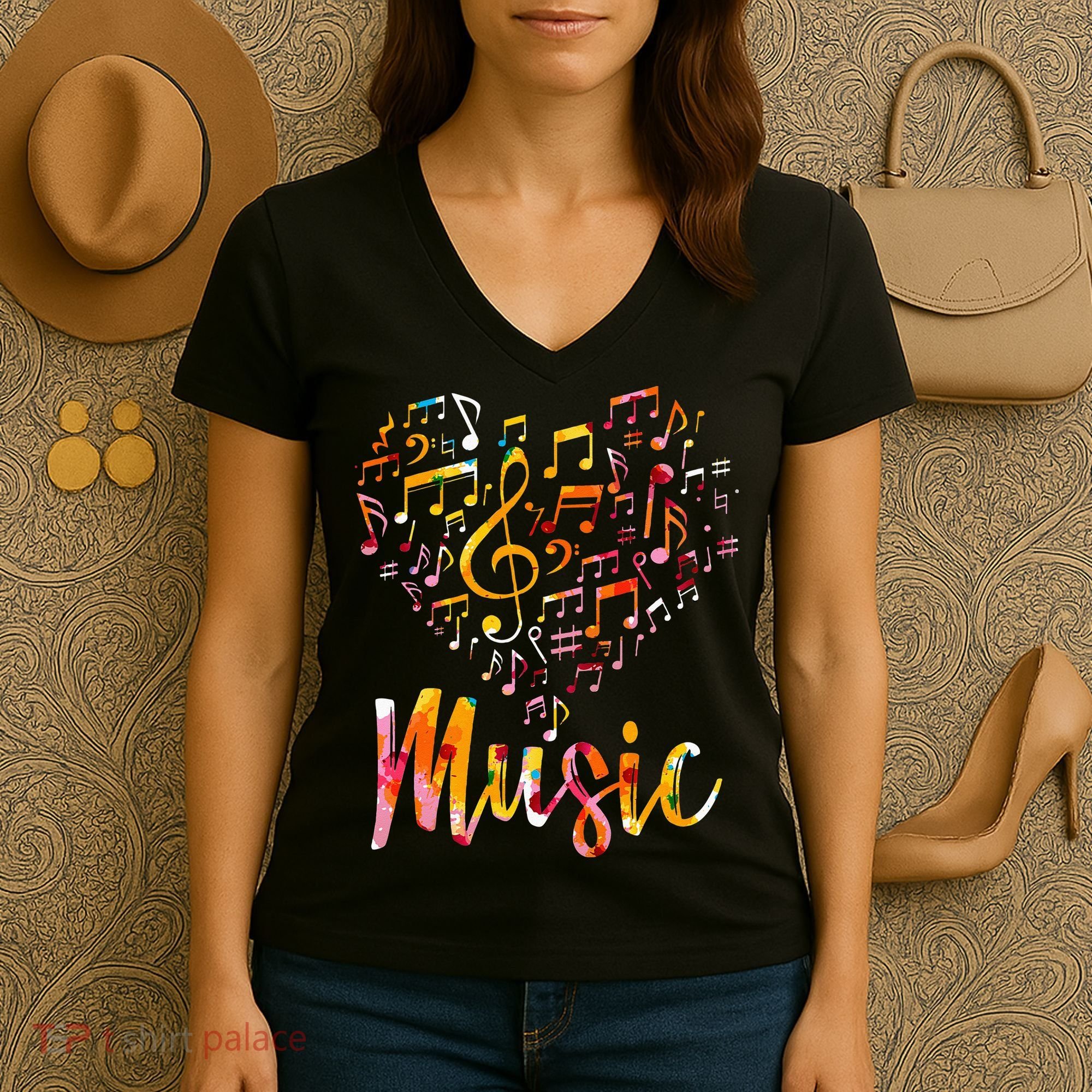 Musician Gift Musical Instrument Music Notes Treble Clef Women's V-Neck T-Shirt
