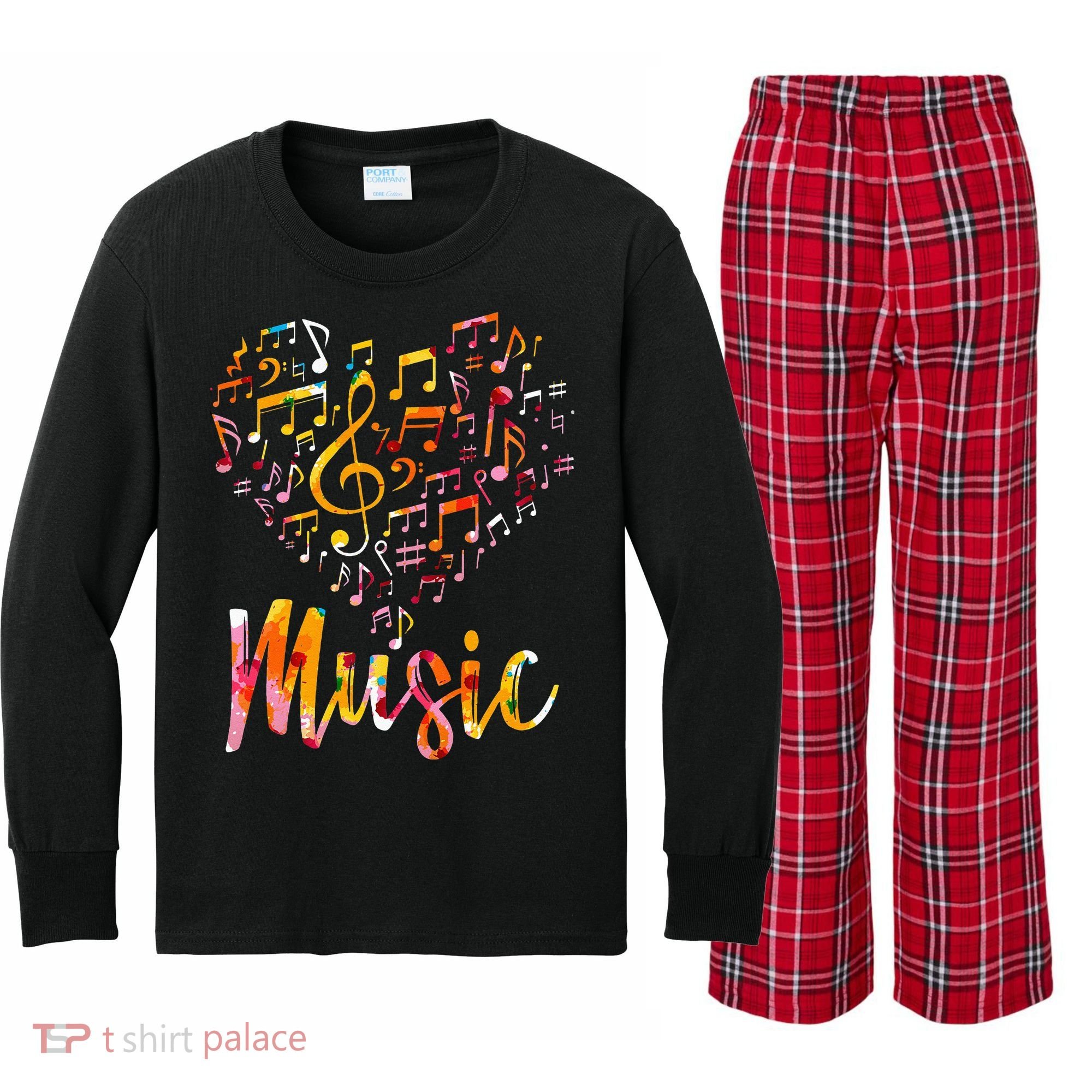 Musician Gift Musical Instrument Music Notes Treble Clef Kids Long Sleeve Plaid Pajama Set
