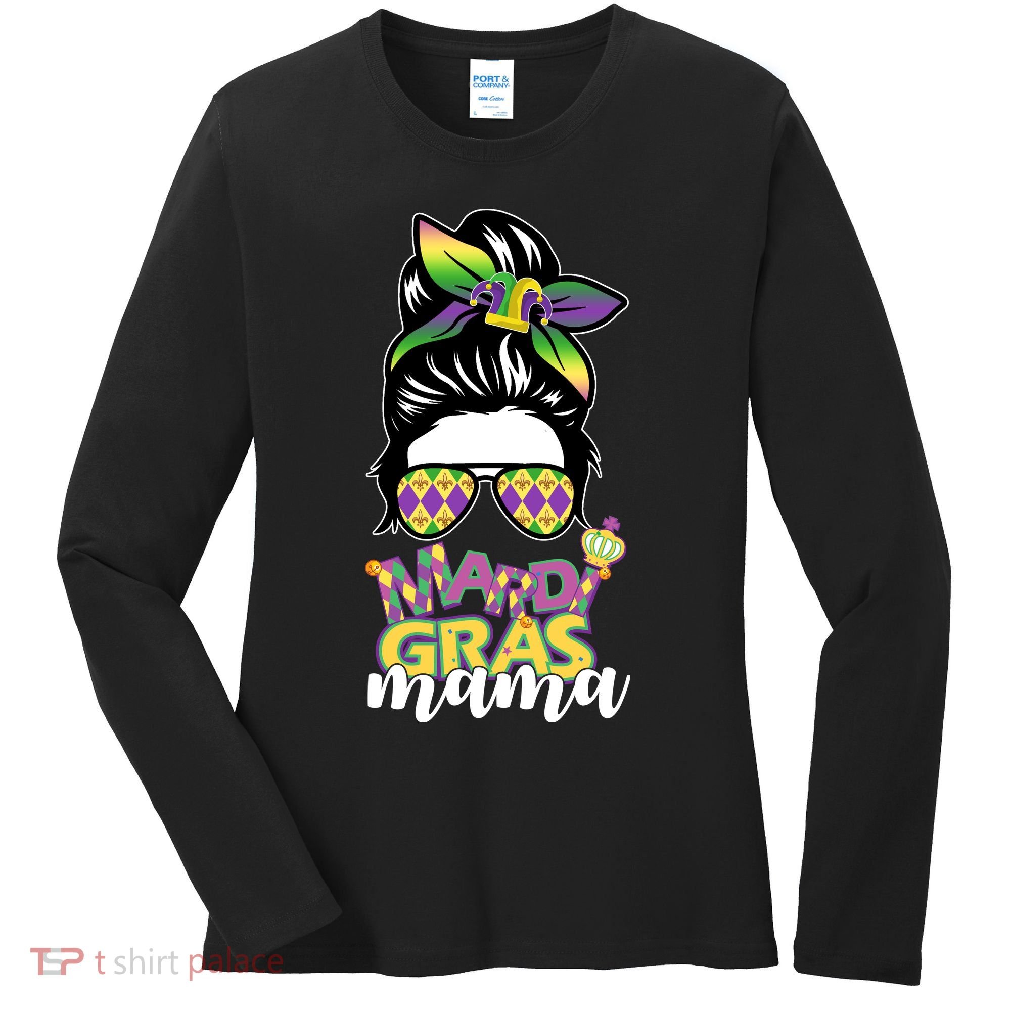 Mardi Gras Mama Hair Bun Celebration Women's Long Sleeve Shirt