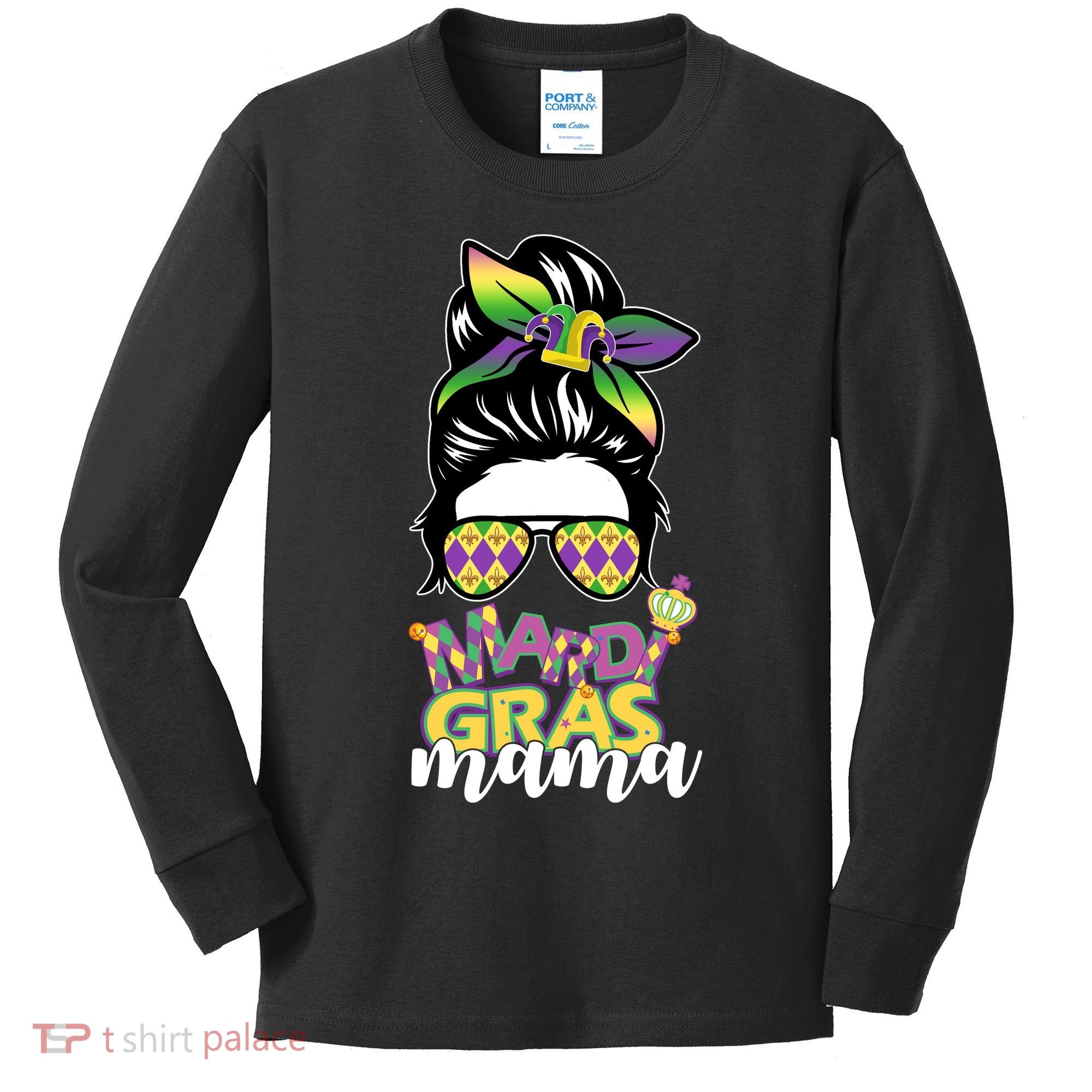 Mardi Gras Mama Hair Bun Celebration Kids Long Sleeve Shirt
