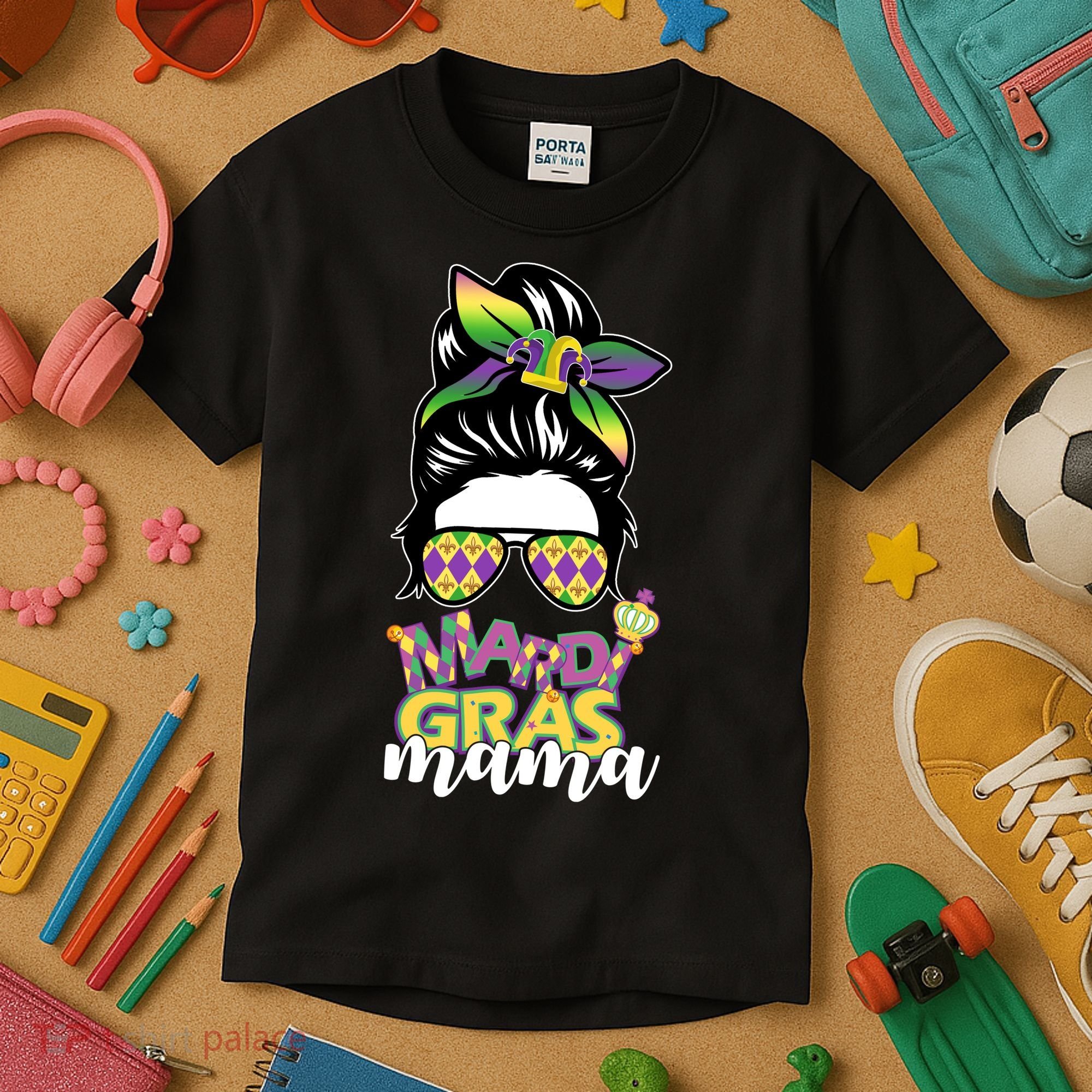 Mardi Gras Mama Hair Bun Celebration Kids T-Shirt
