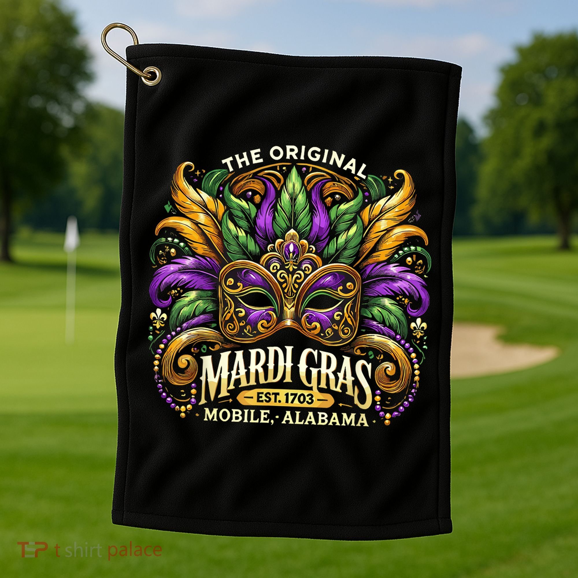Mardi Gras Mask The Original Mobile Alabama Mardi Gras Golf Towel