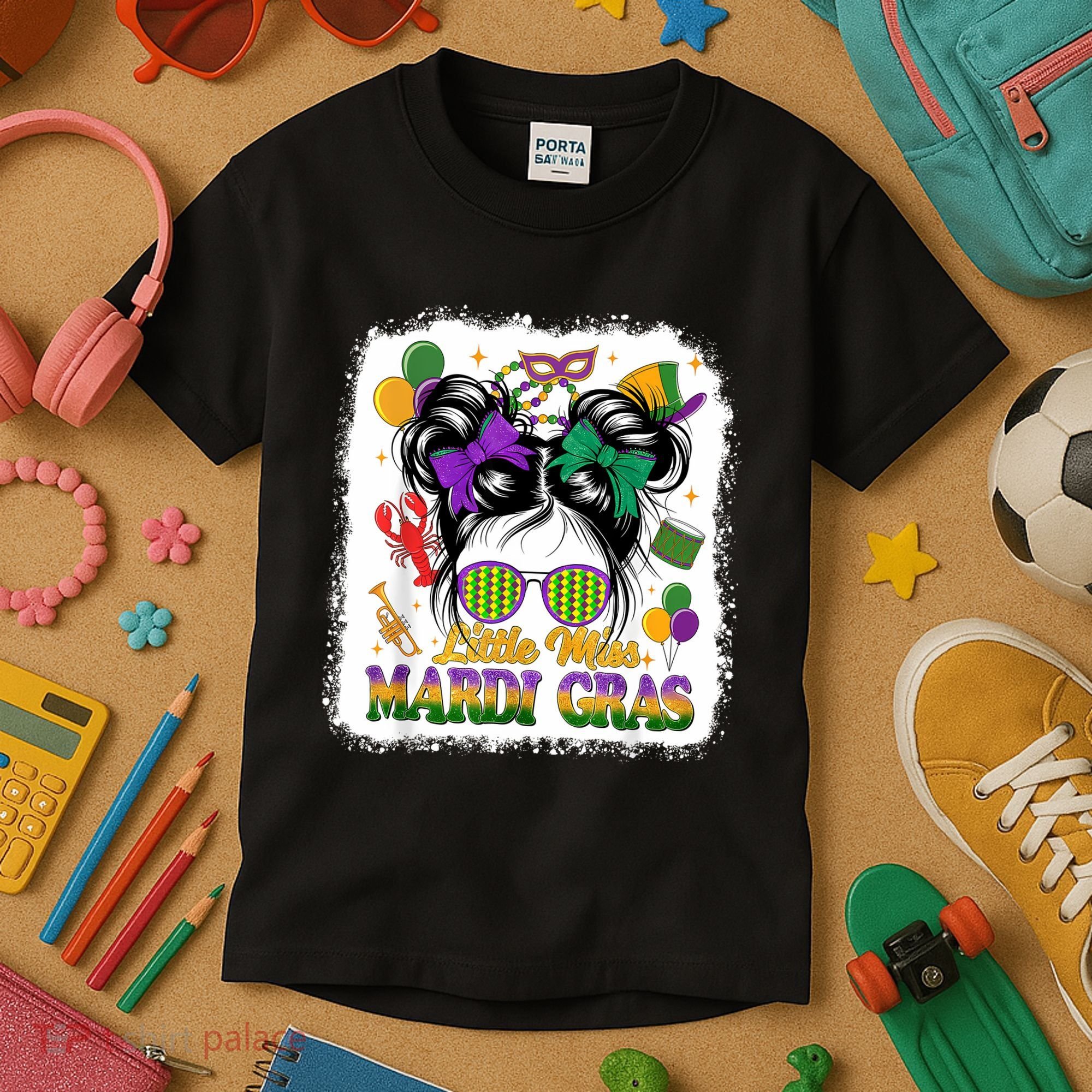 Mardi Gras Messy Bun Girl Women Kids T-Shirt