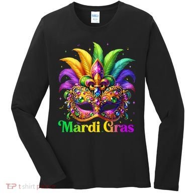 Mardi Gras Mask Feather Party Mardi Gras Carnival Mask Fleur De Lis Women's Long Sleeve Shirt