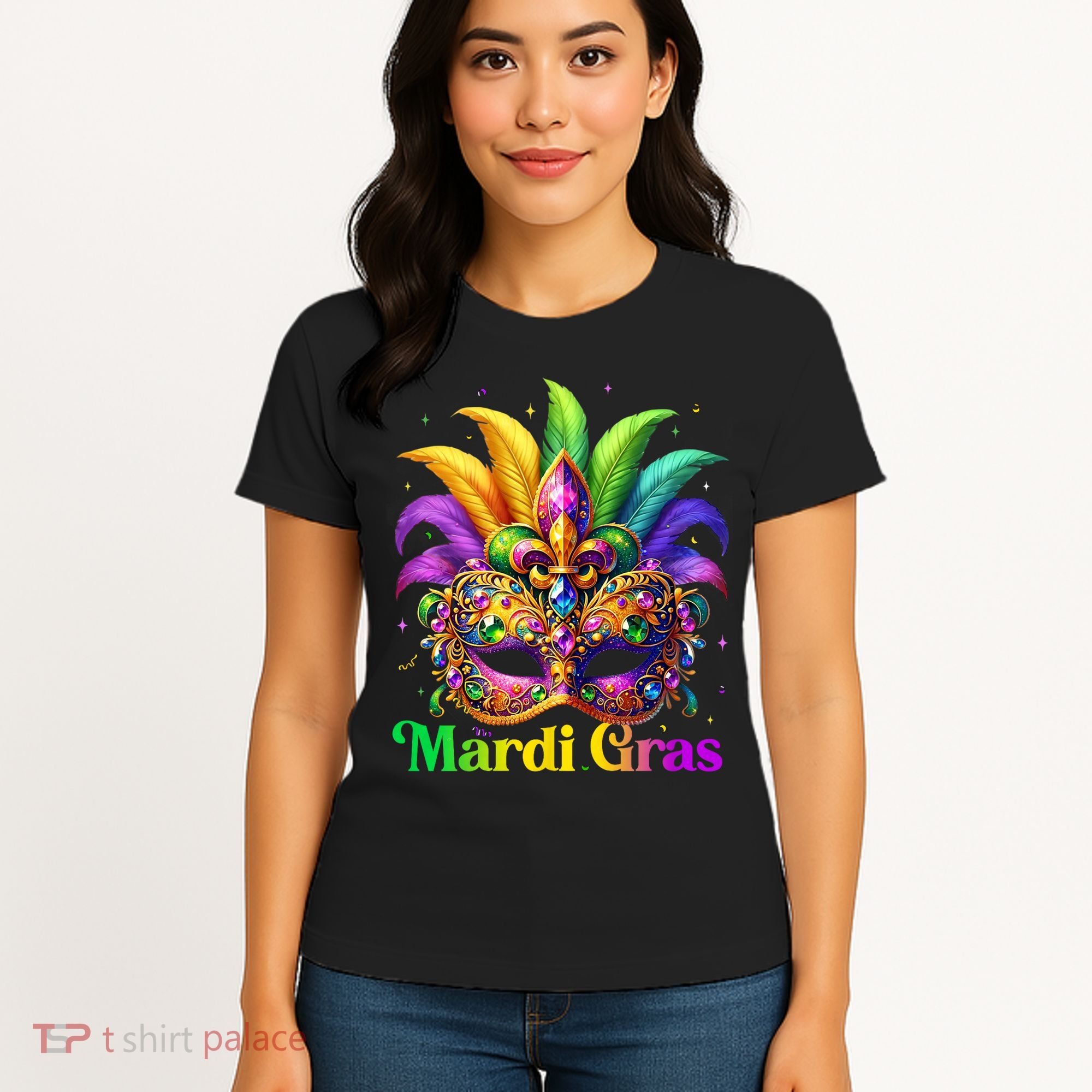 Mardi Gras Mask Feather Party Mardi Gras Carnival Mask Fleur De Lis Women's T-Shirt