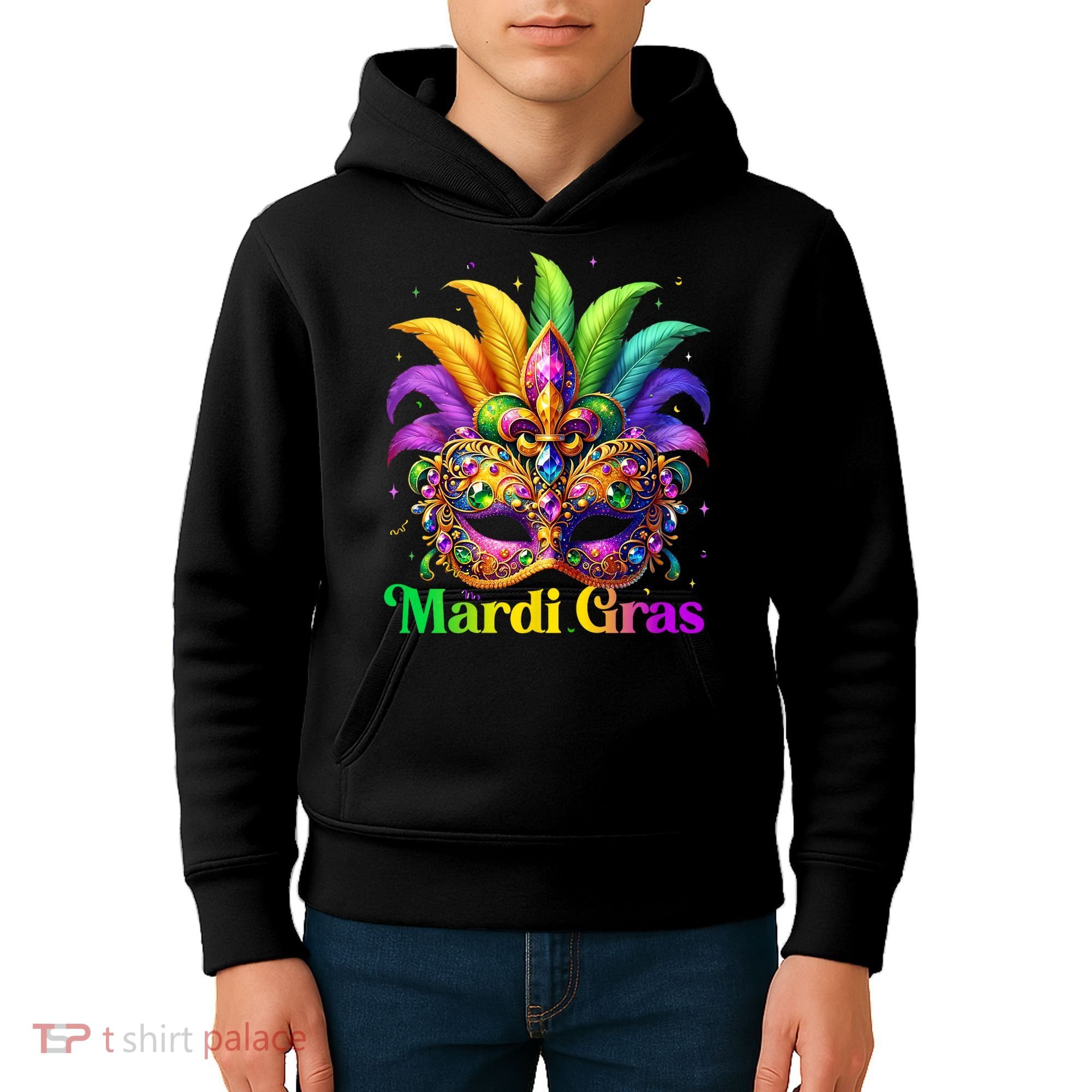 Mardi Gras Mask Feather Party Mardi Gras Carnival Mask Fleur De Lis Kids Hoodie