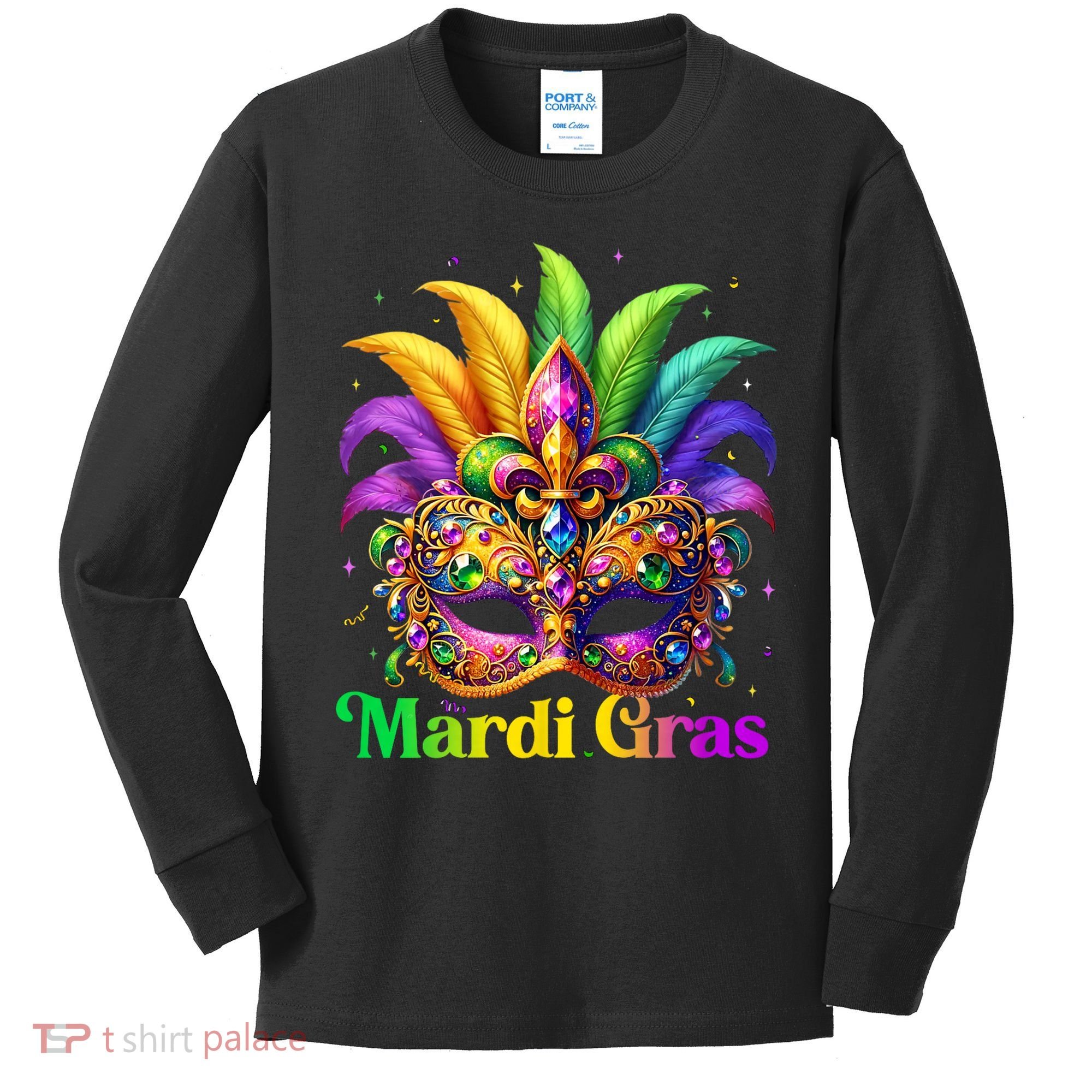 Mardi Gras Mask Feather Party Mardi Gras Carnival Mask Fleur De Lis Kids Long Sleeve Shirt