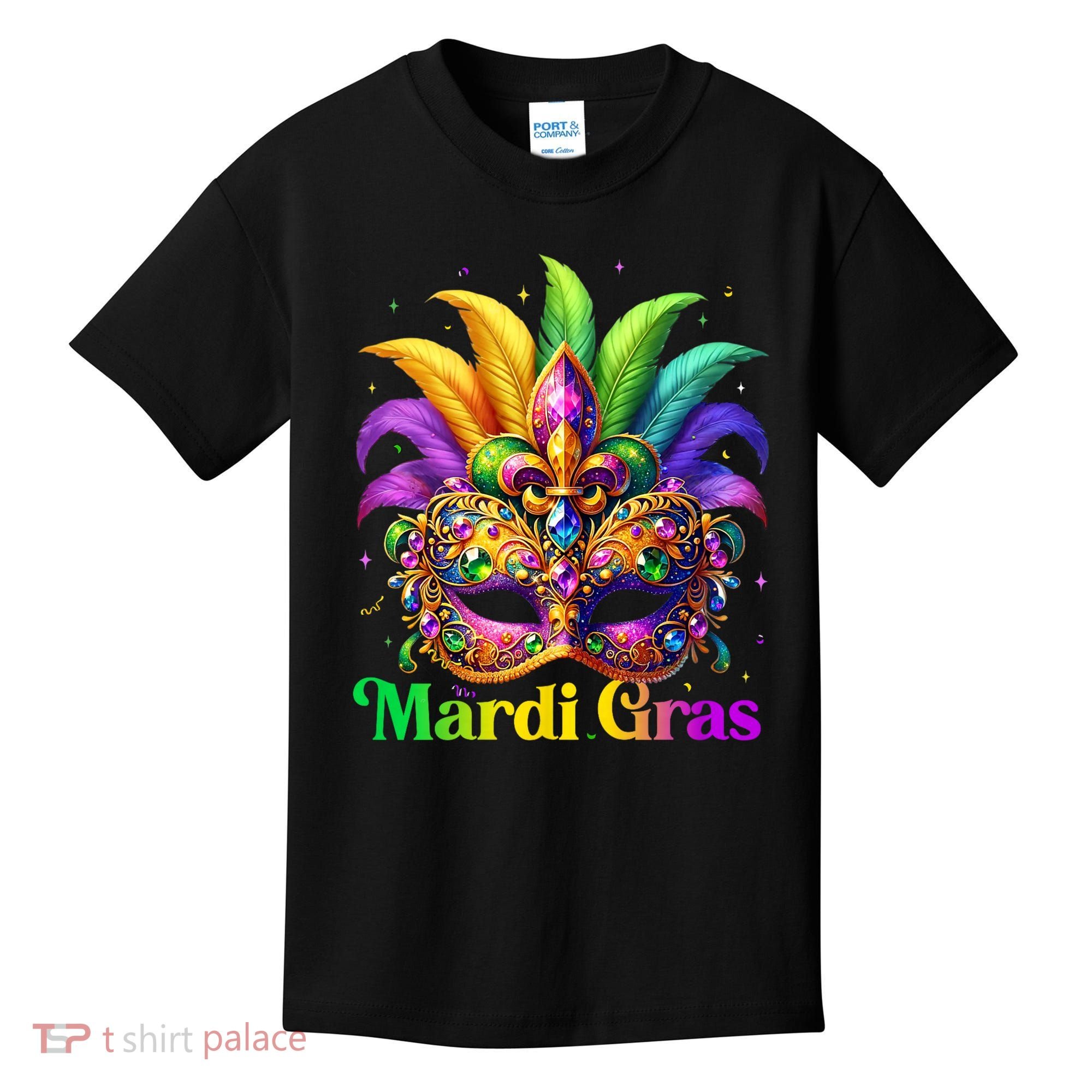 Mardi Gras Mask Feather Party Mardi Gras Carnival Mask Fleur De Lis Kids T-Shirt