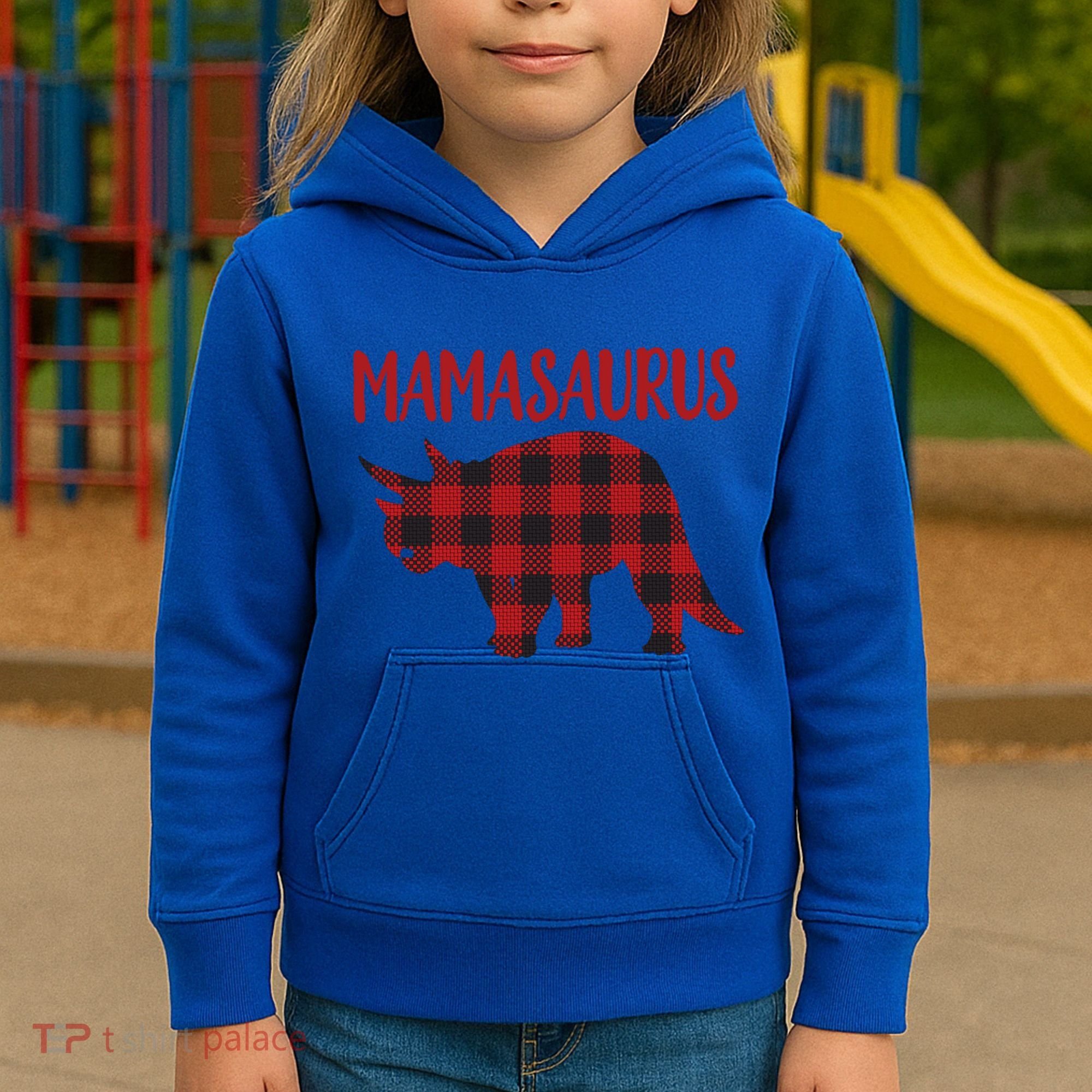 Mamasaurus Gift Plaid Triceratops Moms Of Dinosaurs Kids Hoodie