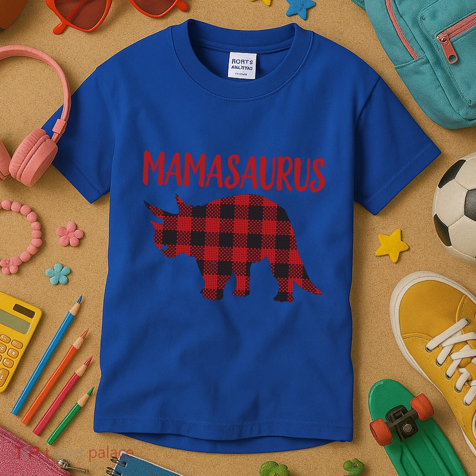 Mamasaurus Gift Plaid Triceratops Moms Of Dinosaurs Kids T-Shirt