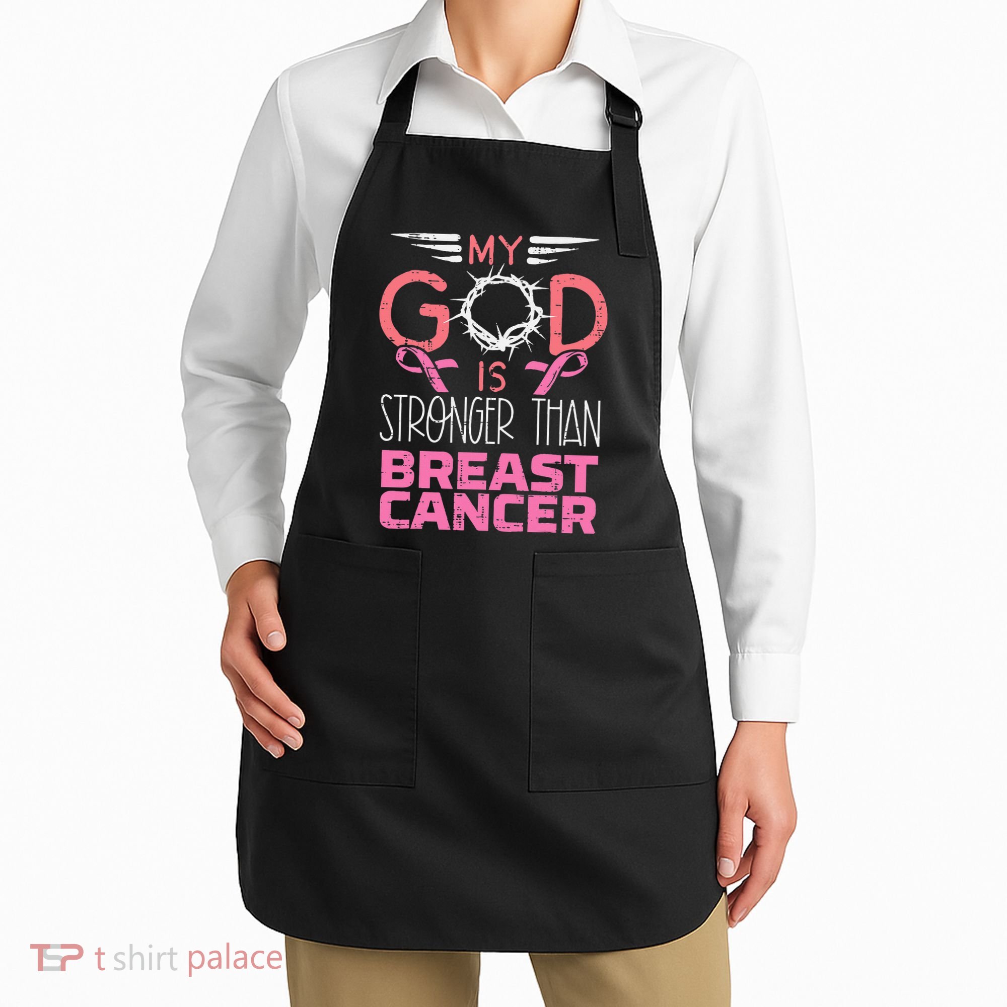 My God Stronger Than Breast Cancer Awareness Christian Apron