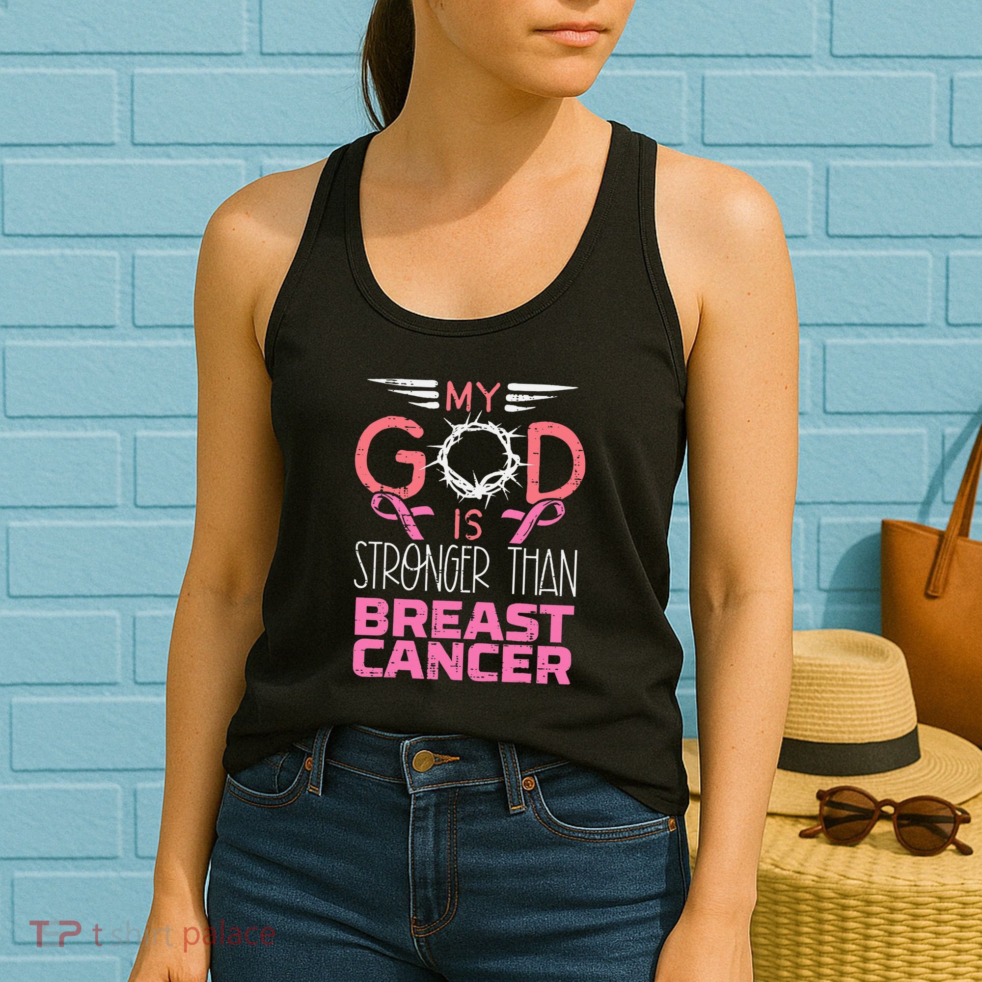 My God Stronger Than Breast Cancer Awareness Christian Women's Tank Top
