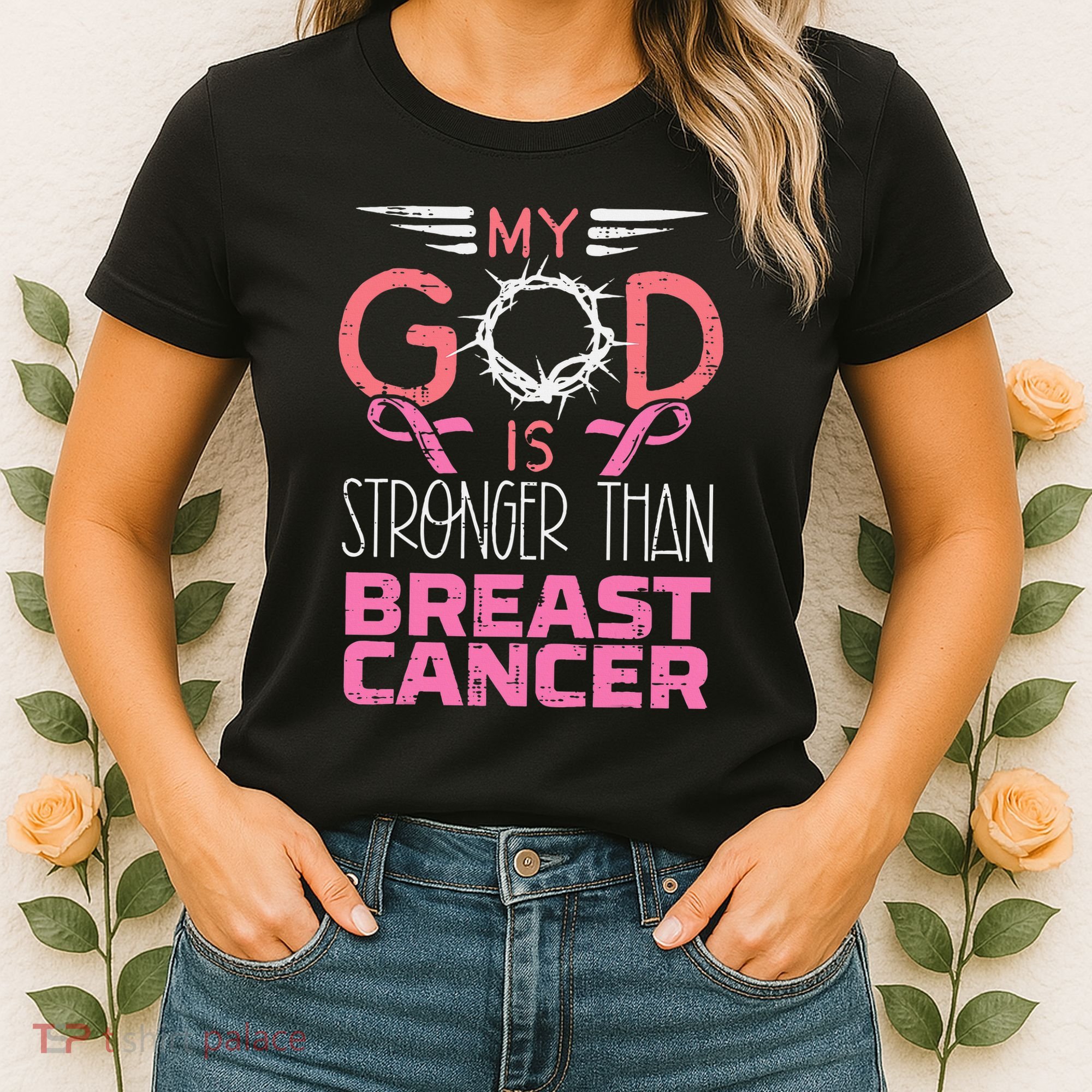 My God Stronger Than Breast Cancer Awareness Christian Women's T-Shirt