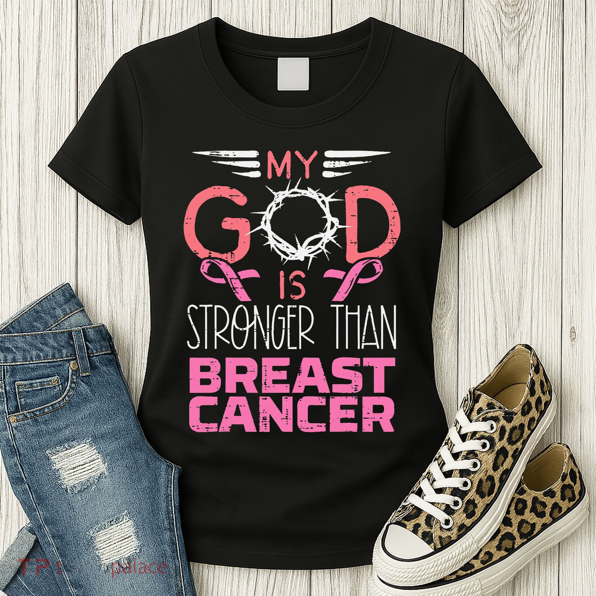 My God Stronger Than Breast Cancer Awareness Christian Women's T-Shirt