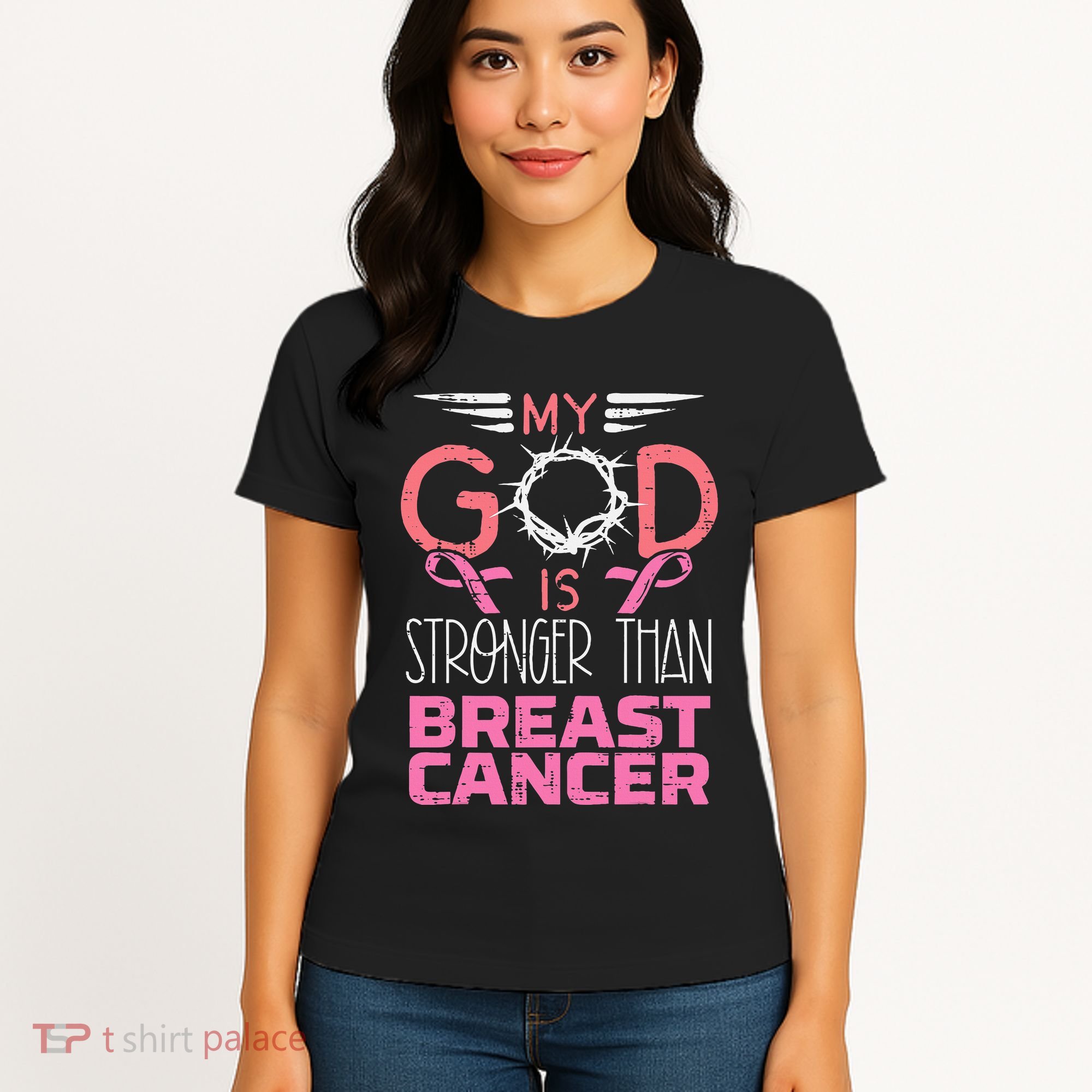 My God Stronger Than Breast Cancer Awareness Christian Women's T-Shirt