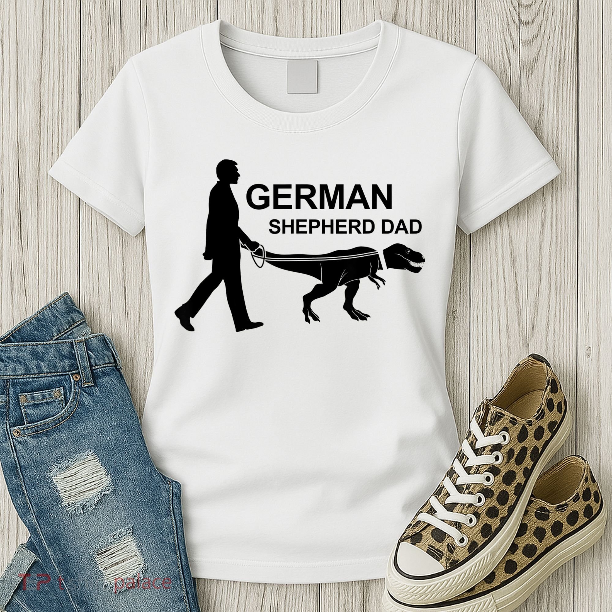 Mens German Shepherd Dad Dinosaur GSD Owners Funny Father's Day Women's T-Shirt