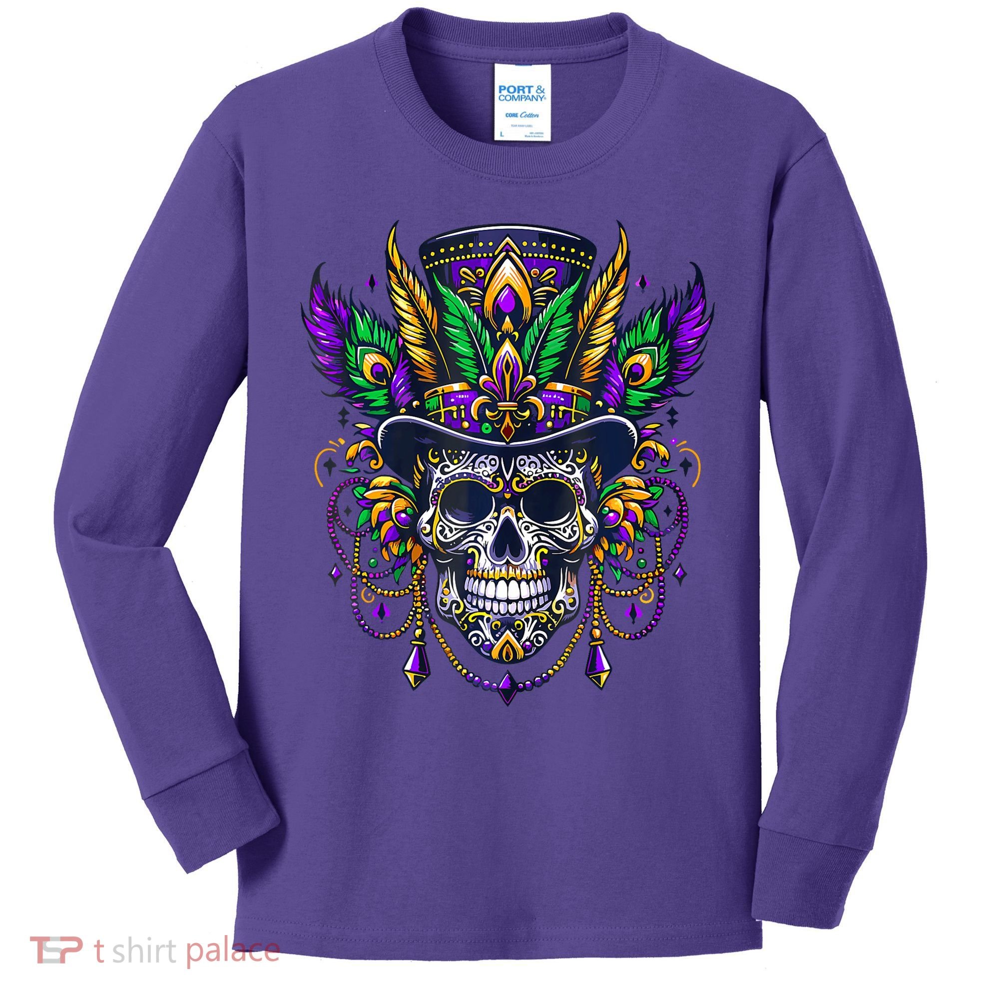 Mardi Gras Skull Top Hat New Orleans Witch Doctor Voodoo Kids Long Sleeve Shirt