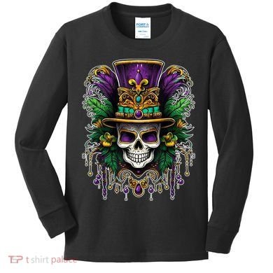 Mardi Gras Sugar Skull Party Kids Long Sleeve Shirt