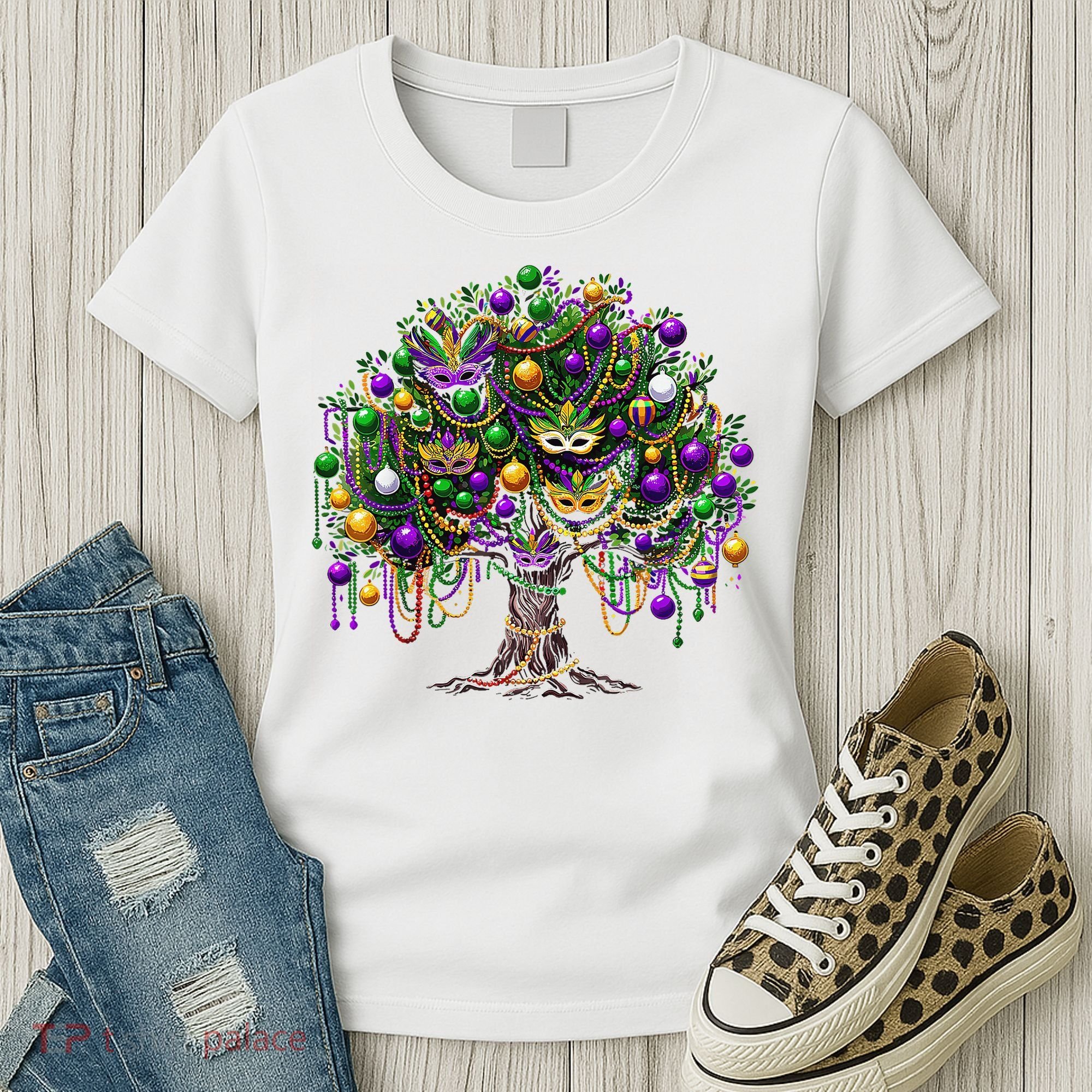 Mardi Gras Tree Beads New Orleans 2025 Festival Bead Tree Women's T-Shirt