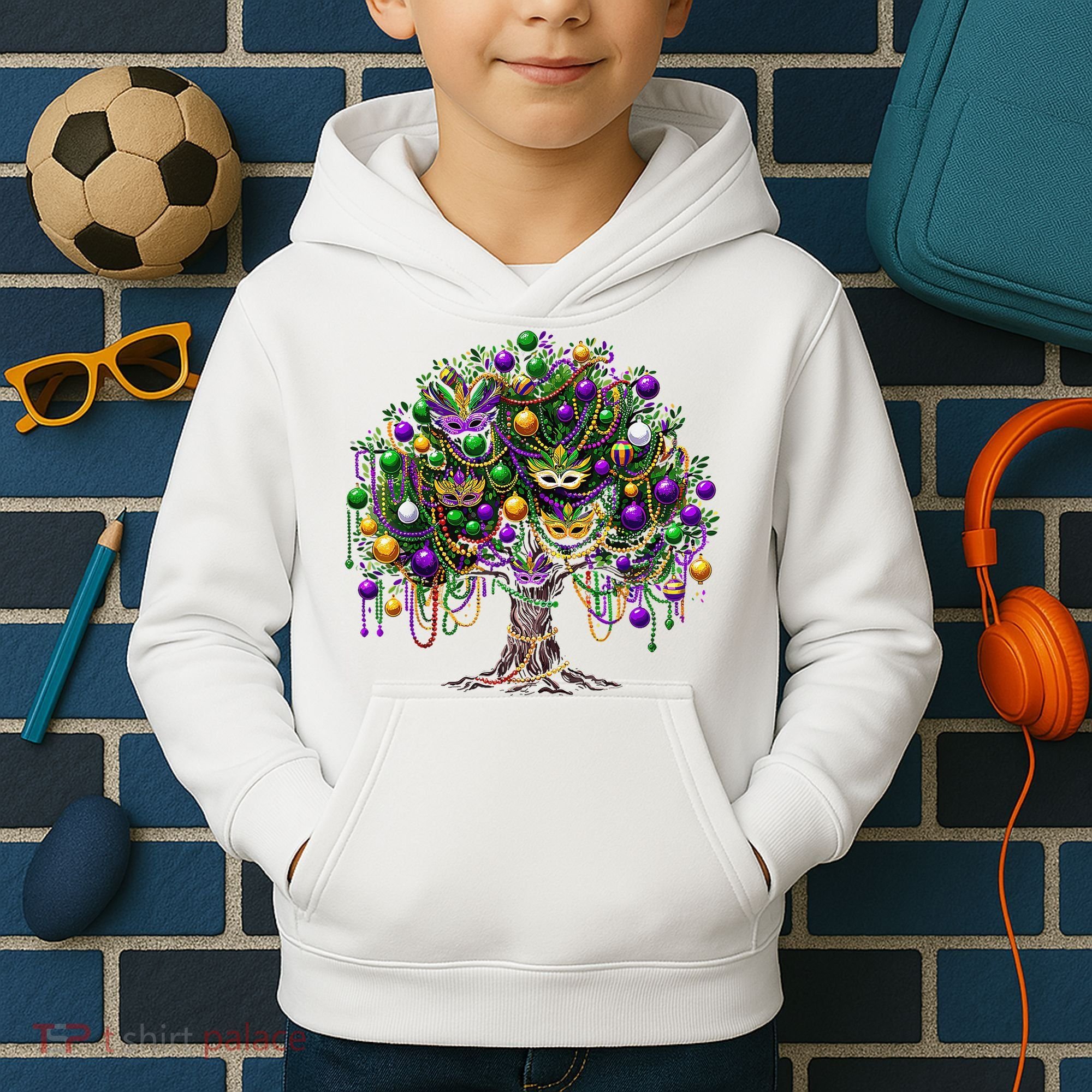 Mardi Gras Tree Beads New Orleans 2025 Festival Bead Tree Kids Hoodie