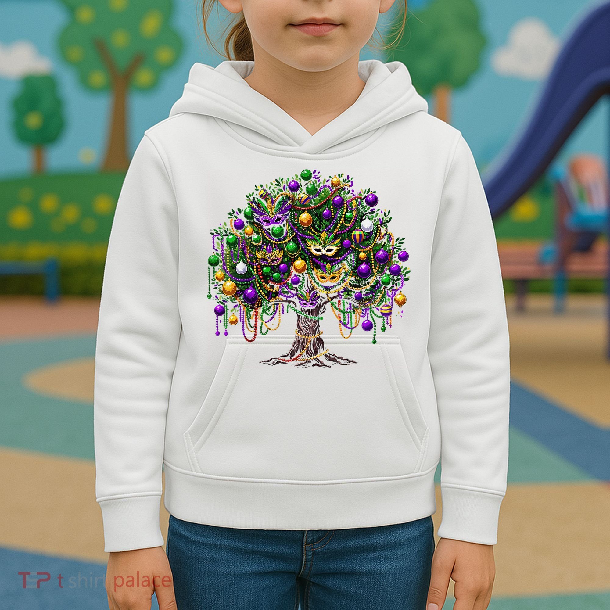 Mardi Gras Tree Beads New Orleans 2025 Festival Bead Tree Kids Hoodie