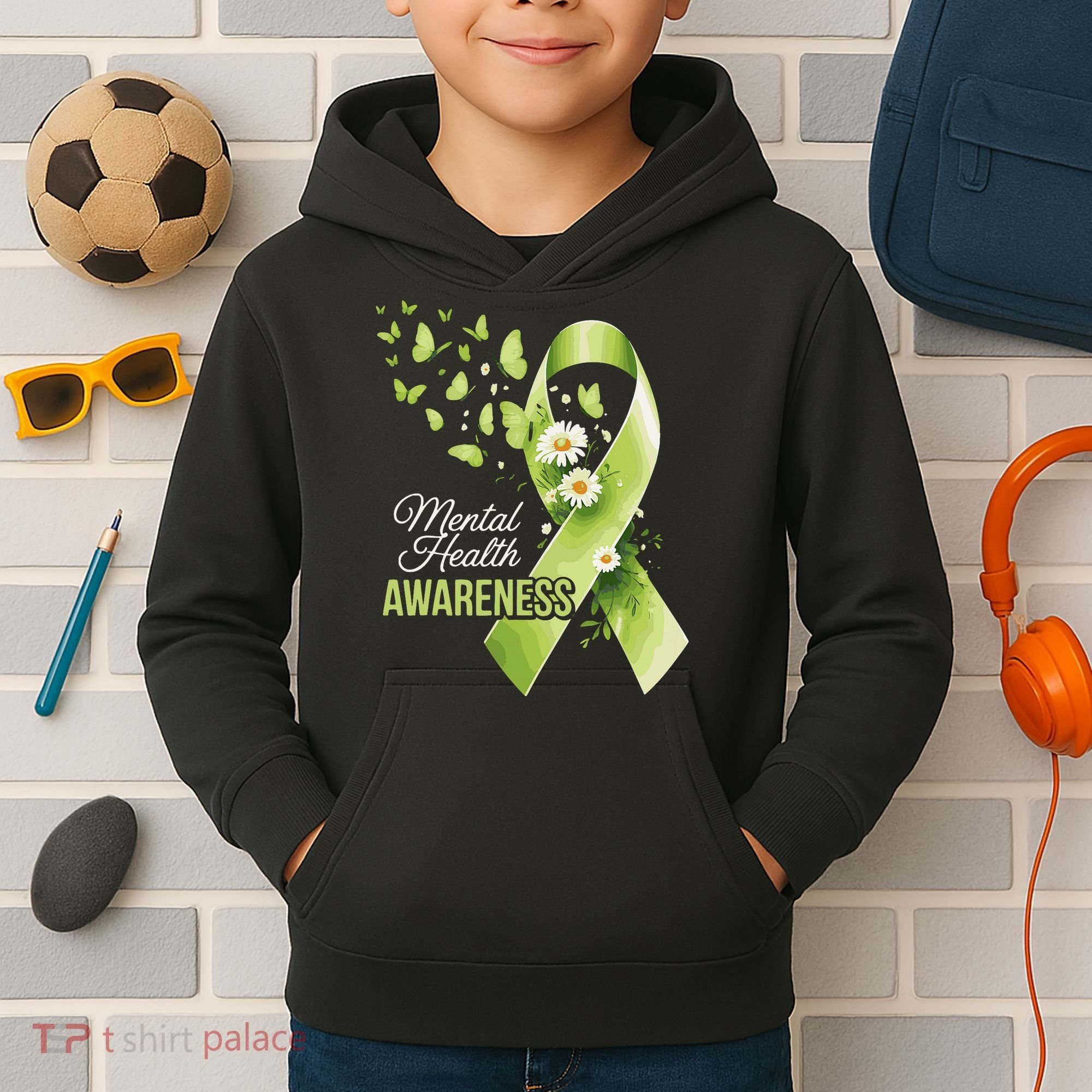 Mental Health Awareness Butterfly Green Ribbon  Kids Hoodie